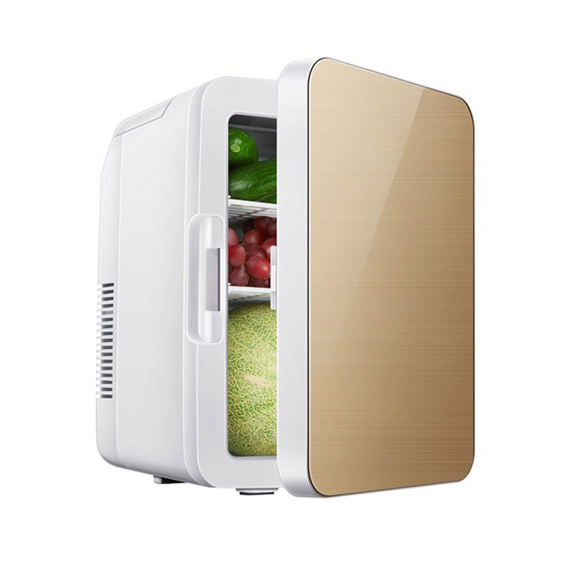 Mini Frigider pentru Auto / Cosmetice, , Dubla Functie de Incalzire Racire, Portabil, Exterior 28 x 26 x 19 cm / Interior 24 x 20 x 15 cm, Volum 8 L, Gold/Alb