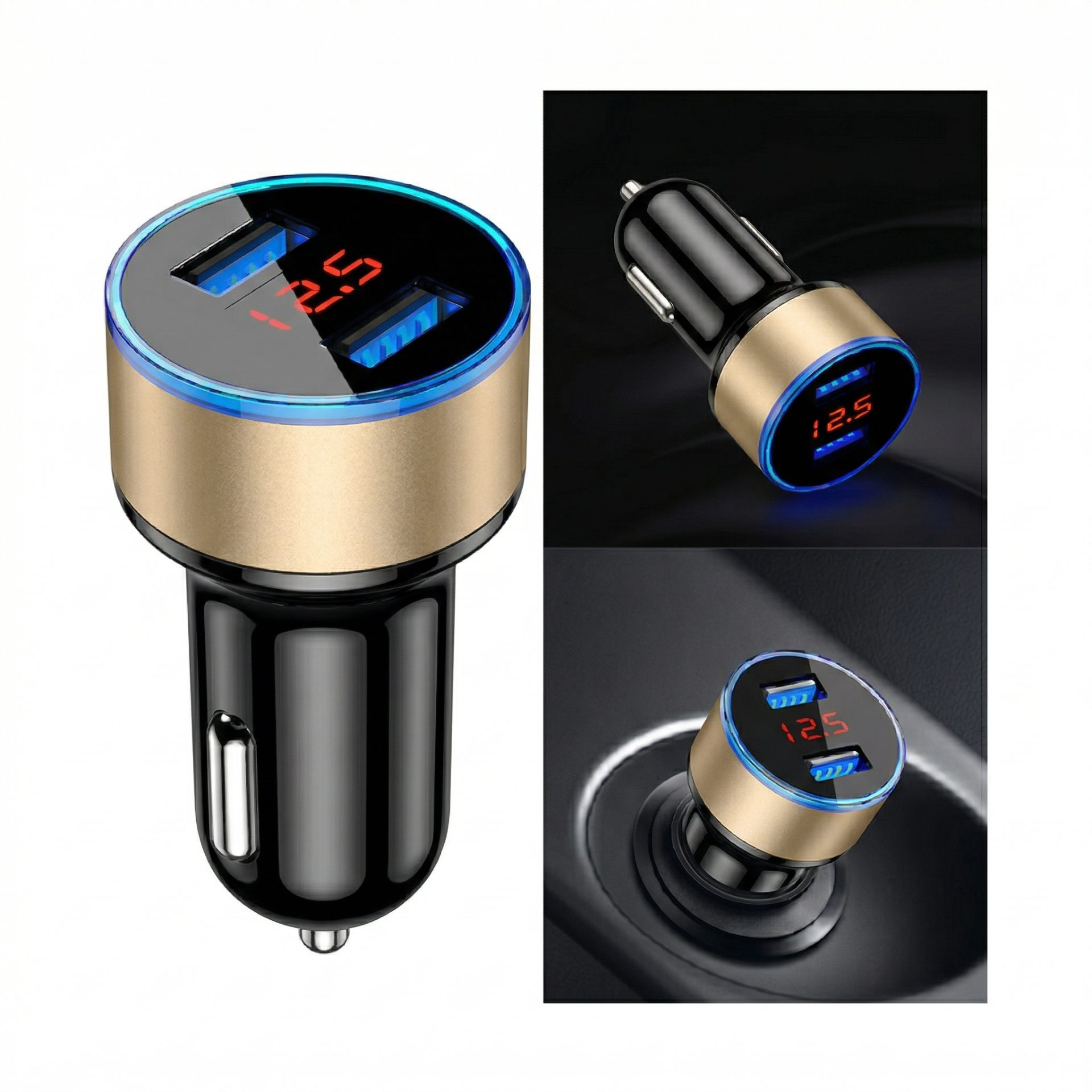 Incarcator Auto cu Afisaj Digital, Flippy, din Metal, 3.1A, Incarcare Rapida 6A PD+QC3.0, Dublu USB, Negru/Auriu