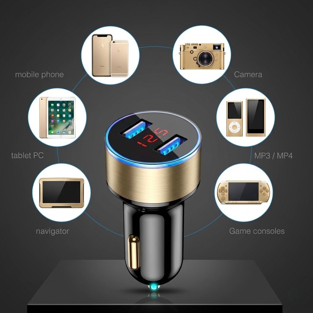 Incarcator Auto cu Afisaj Digital, Flippy, din Metal, 3.1A, Incarcare Rapida 6A PD+QC3.0, Dublu USB, Negru/Auriu