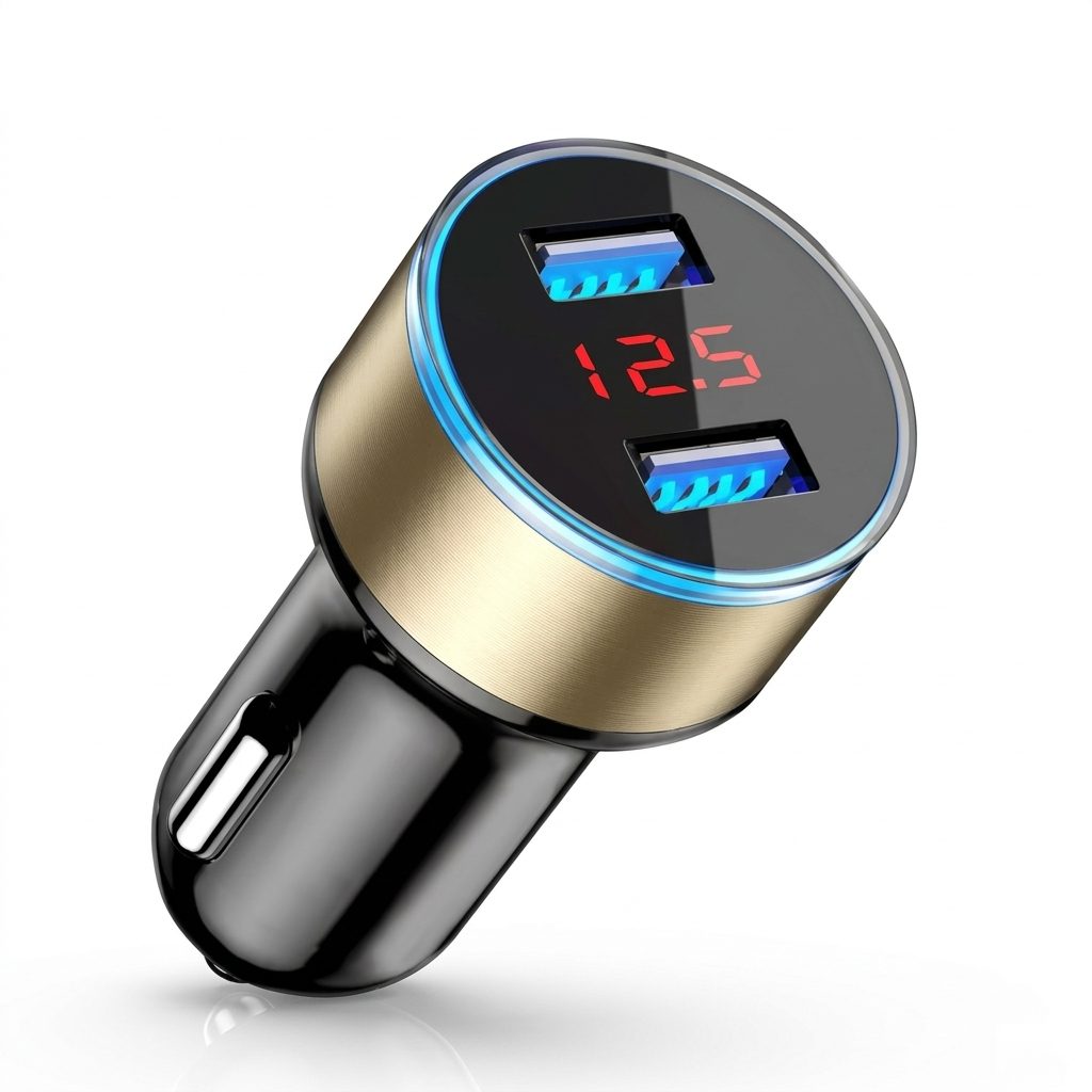 Incarcator Auto cu Afisaj Digital, Flippy, din Metal, 3.1A, Incarcare Rapida 6A PD+QC3.0, Dublu USB, Negru/Auriu