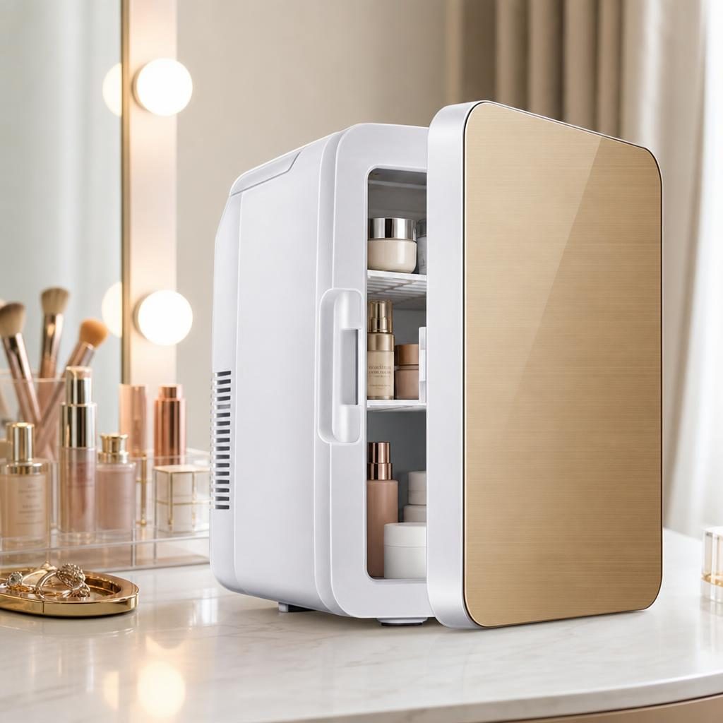 Mini Frigider pentru Auto / Cosmetice, , Dubla Functie de Incalzire Racire, Portabil, Exterior 28 x 26 x 19 cm / Interior 24 x 20 x 15 cm, Volum 8 L, Gold/Alb 4