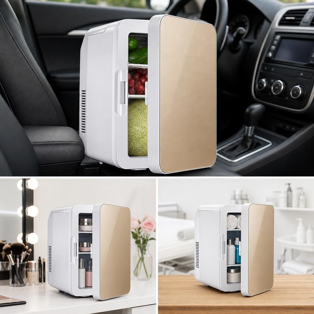 Mini Frigider pentru Auto / Cosmetice, , Dubla Functie de Incalzire Racire, Portabil, Exterior 28 x 26 x 19 cm / Interior 24 x 20 x 15 cm, Volum 8 L, Gold/Alb 5