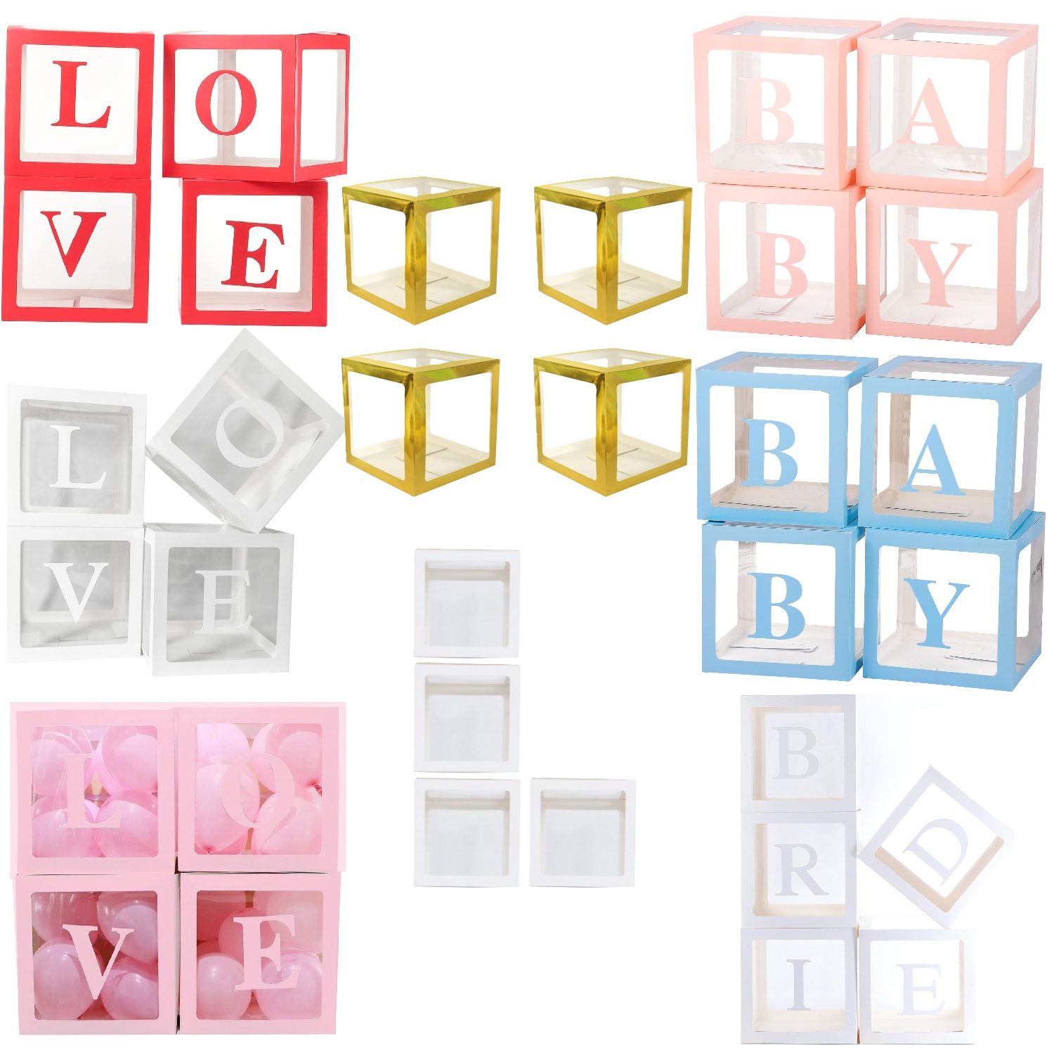 Set Cutii pentru Baloane, TOPinStock, Cuburi Decorative din Plastic, Accesorii pentru Petrecere, 30x30 cm, Transparente Contur - Imagine