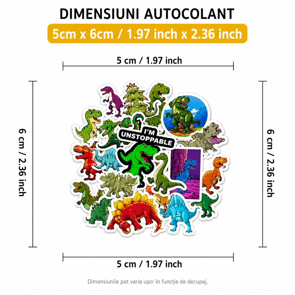 Set 50 Stickere Decorative, , Modele Dinozauri Cartoon, Impermeabile, Aproximativ 5 x 6 cm, Multicolor 4