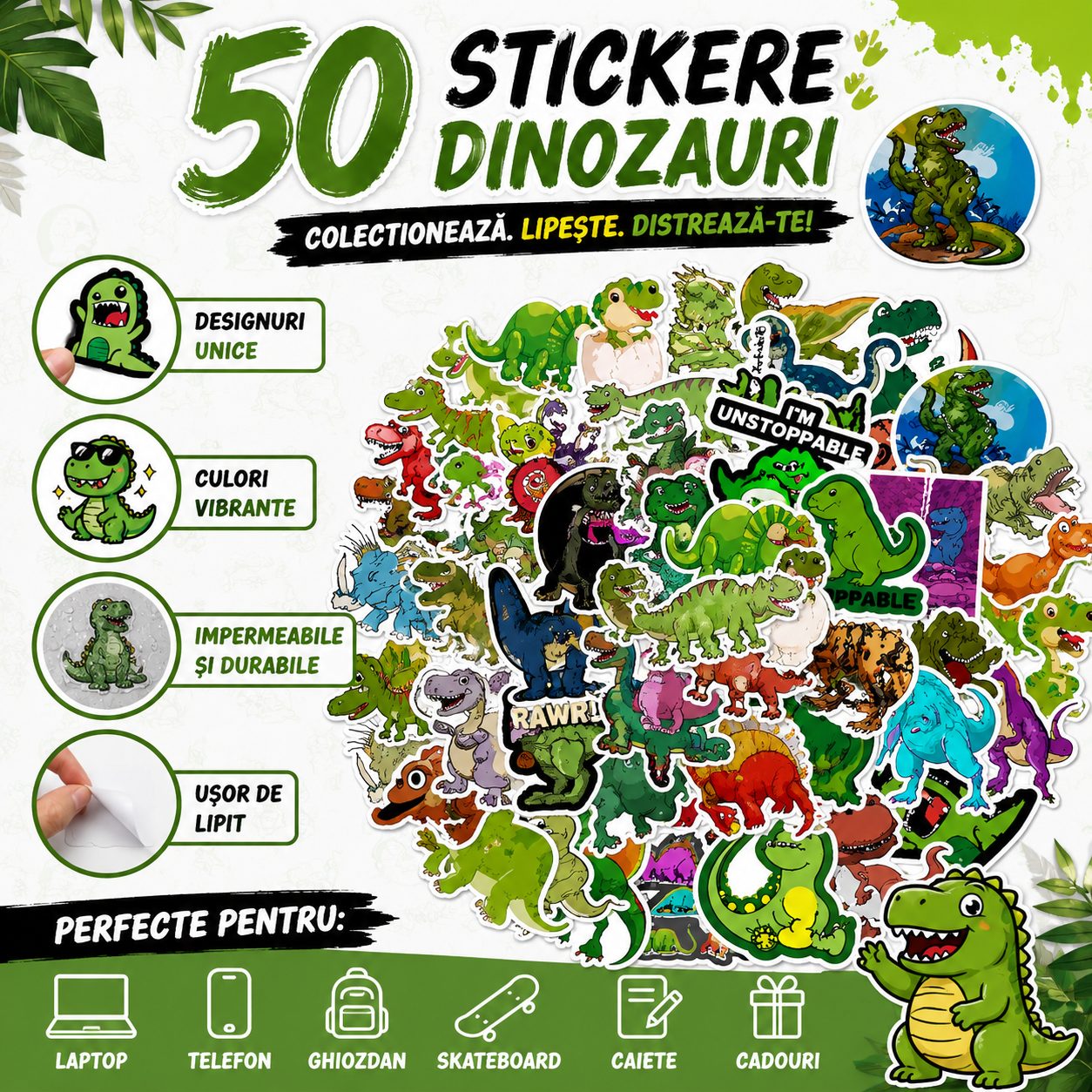 Set 50 Stickere Decorative, , Modele Dinozauri Cartoon, Impermeabile, Aproximativ 5 x 6 cm, Multicolor 2