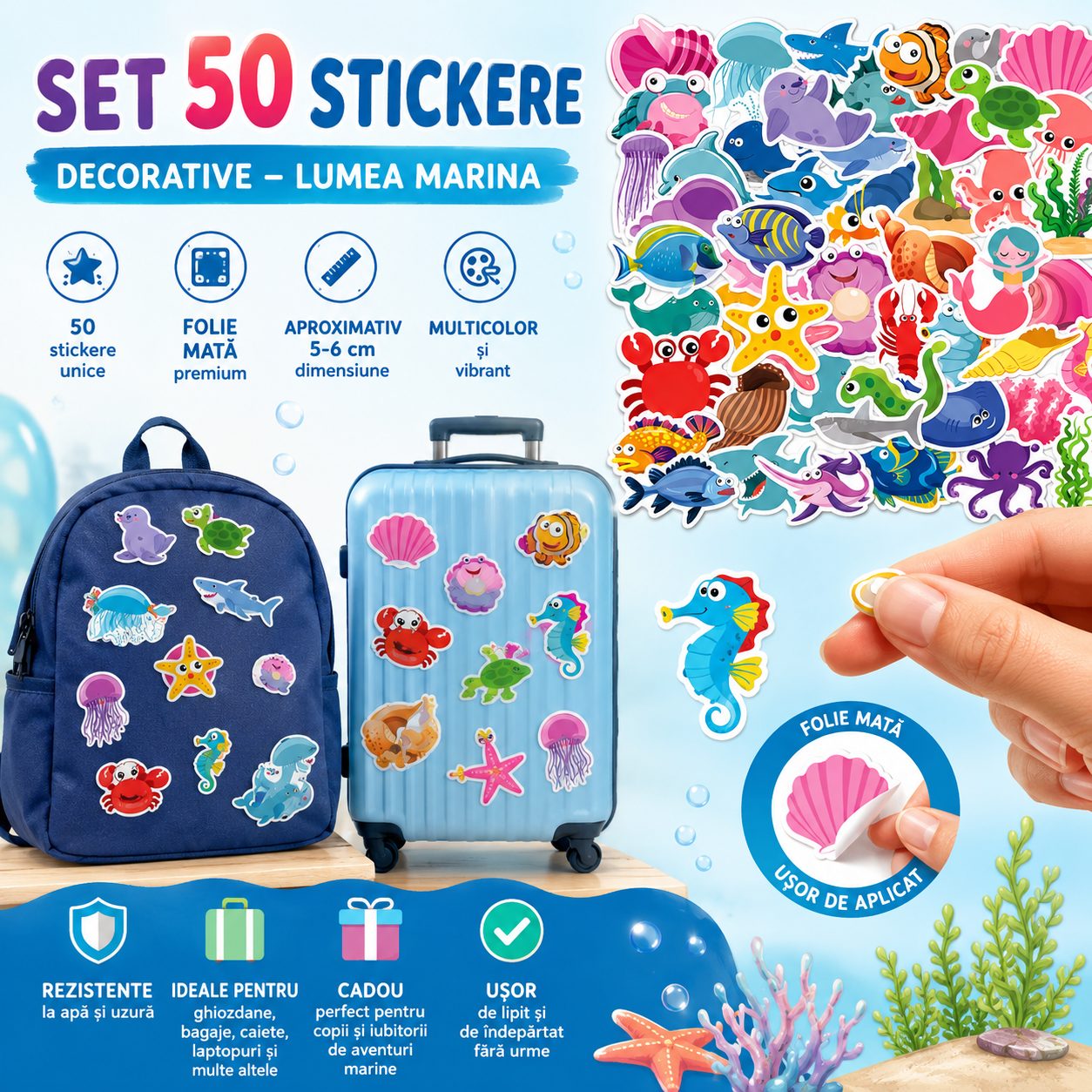 Set 50 Stickere Decorative, , Tema Lumea Marina, Personaje si Animale Acvatice, Folie Mata, pentru Ghiozdan si Bagaje, Aproximativ 5-6 cm, Multicolor 2