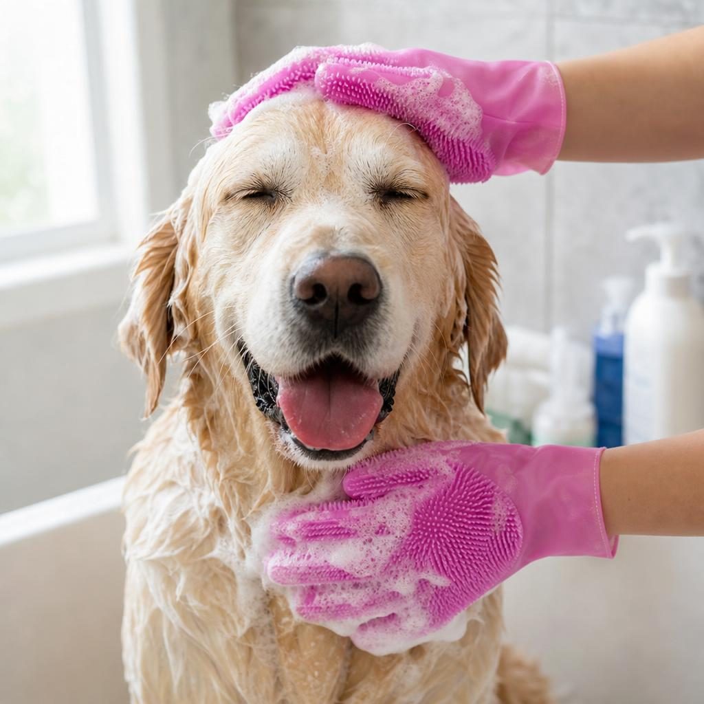 Thickened Silicone Pet Grooming Gloves, Anti-Scratch Anti-Bite Bathing Massage SPA Brush Gloves for Cats & Dogs, Pink, 1 Pair