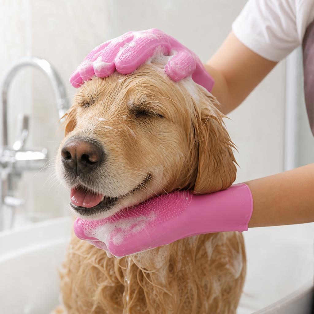 Thickened Silicone Pet Grooming Gloves, Anti-Scratch Anti-Bite Bathing Massage SPA Brush Gloves for Cats & Dogs, Pink, 1 Pair