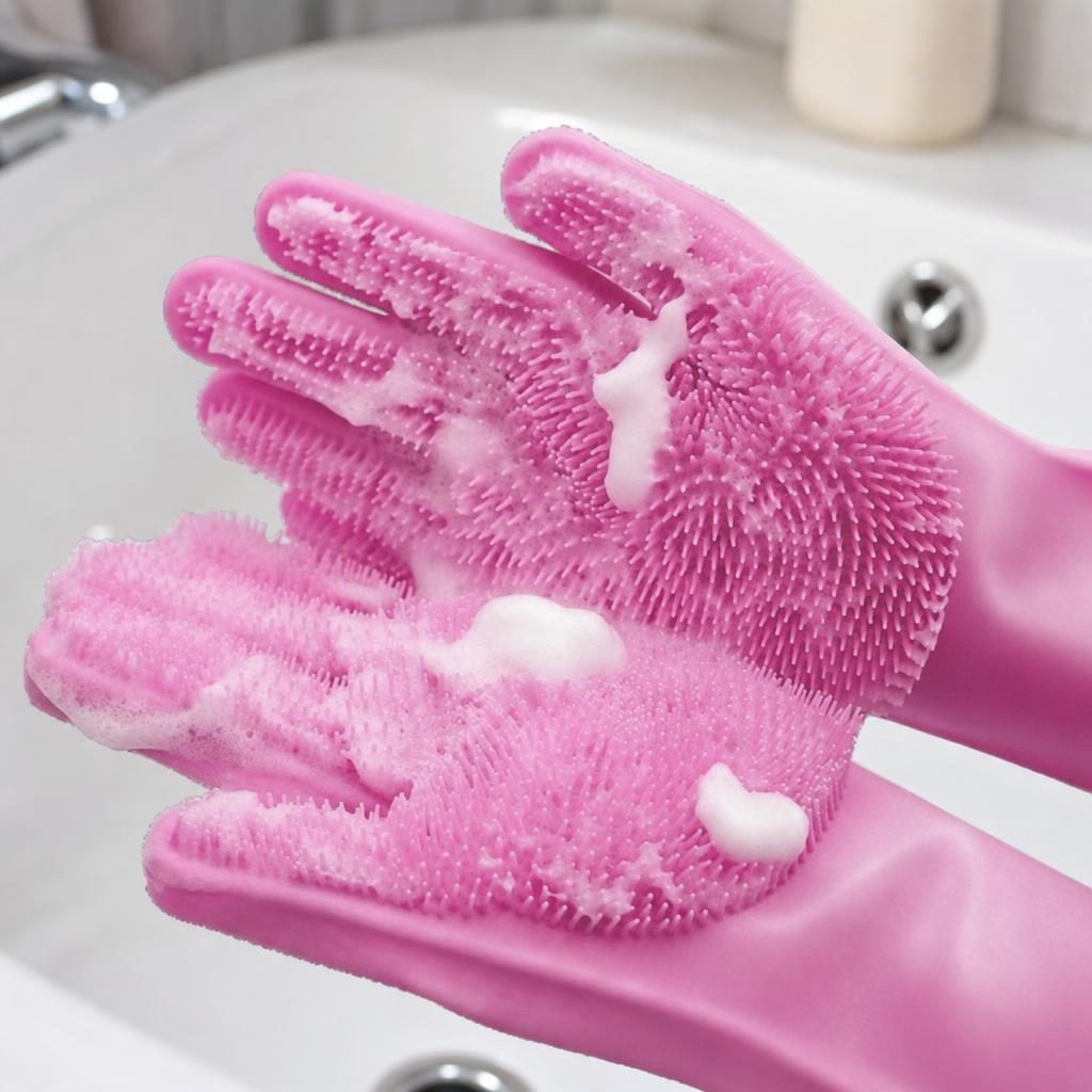 Thickened Silicone Pet Grooming Gloves, Anti-Scratch Anti-Bite Bathing Massage SPA Brush Gloves for Cats & Dogs, Pink, 1 Pair