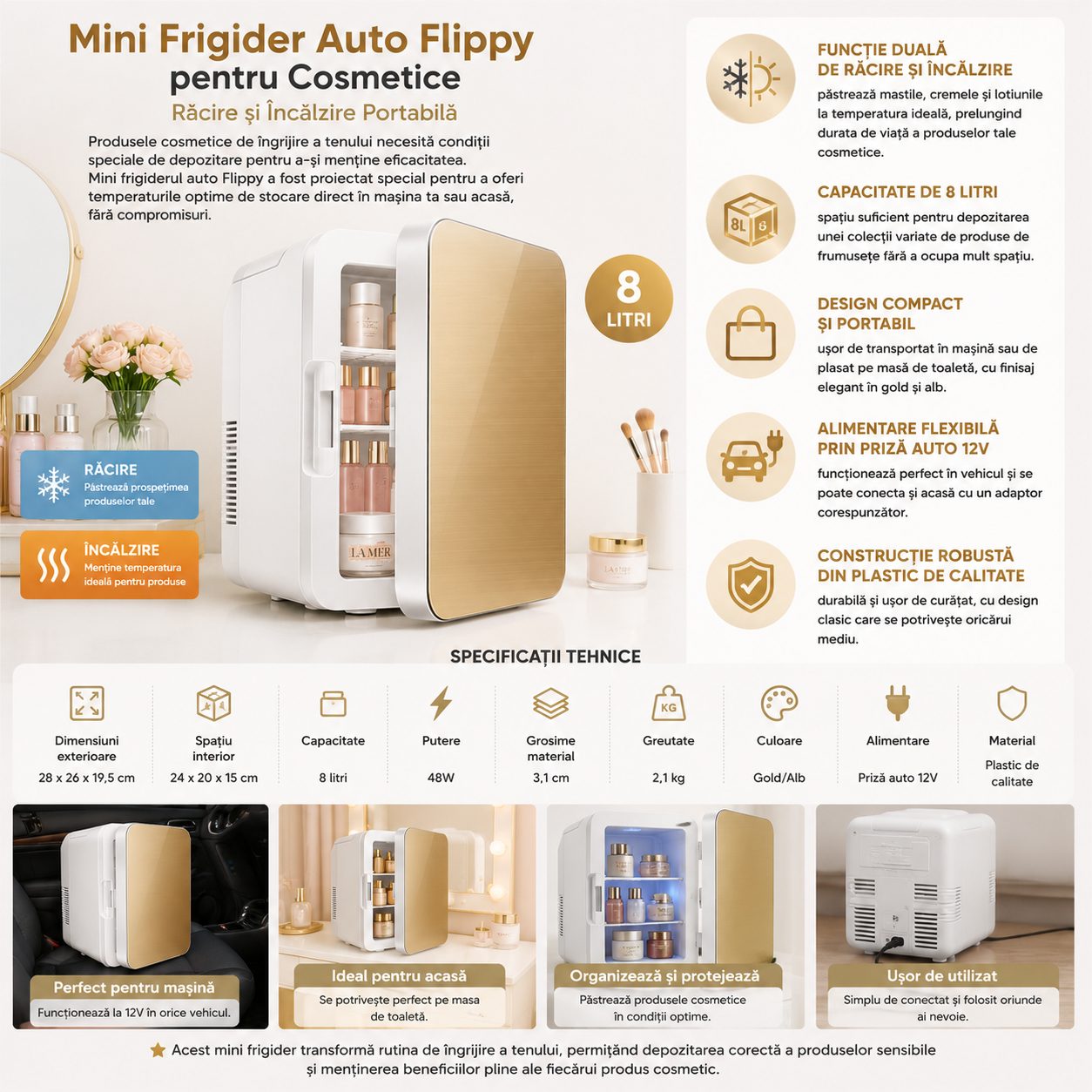Mini Frigider pentru Auto / Cosmetice, , Dubla Functie de Incalzire Racire, Portabil, Exterior 28 x 26 x 19 cm / Interior 24 x 20 x 15 cm, Volum 8 L, Gold/Alb 2
