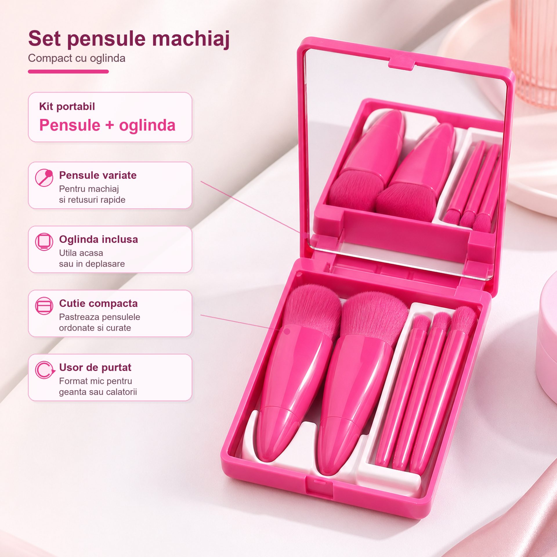 Detaliu carcasă cu oglindă integrată set pensule Flippy