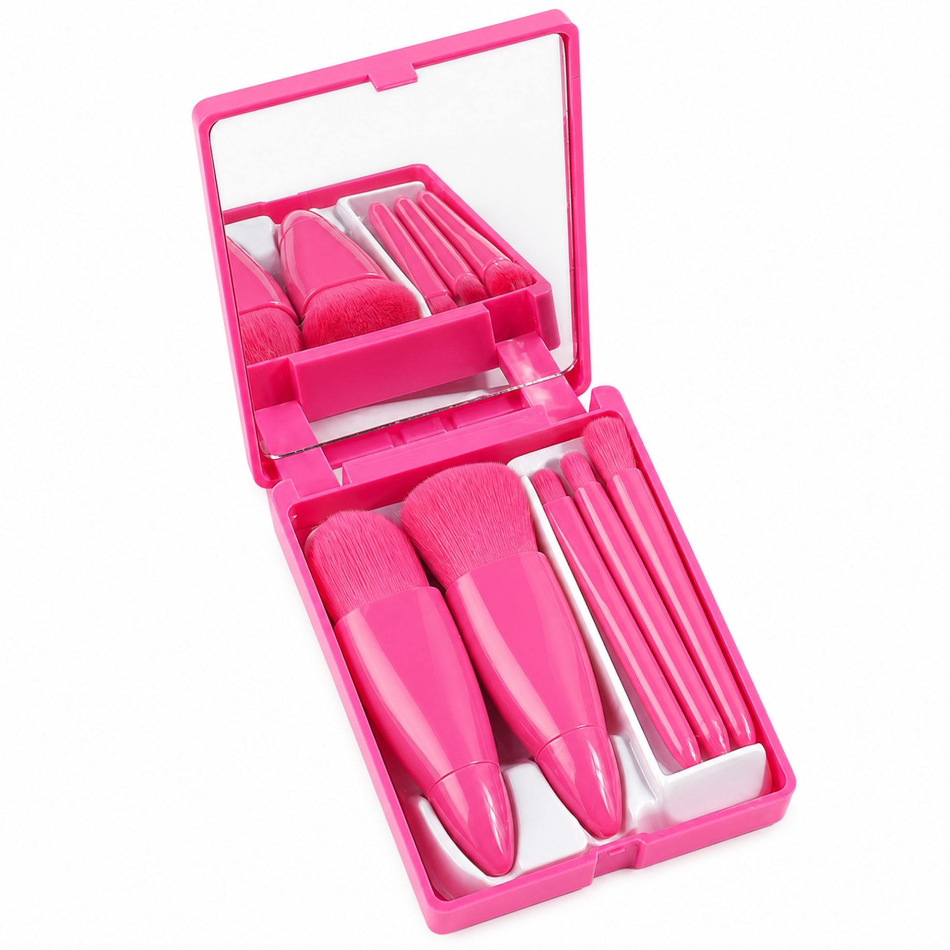 Set 5 mini pensule de machiaj Flippy cu carcasă fucsia și oglindă