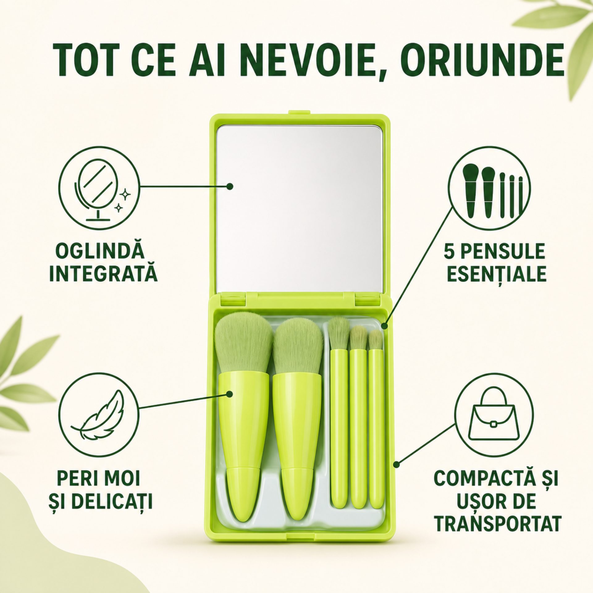 Mini pensule machiaj set Flippy interior carcasă cu oglindă