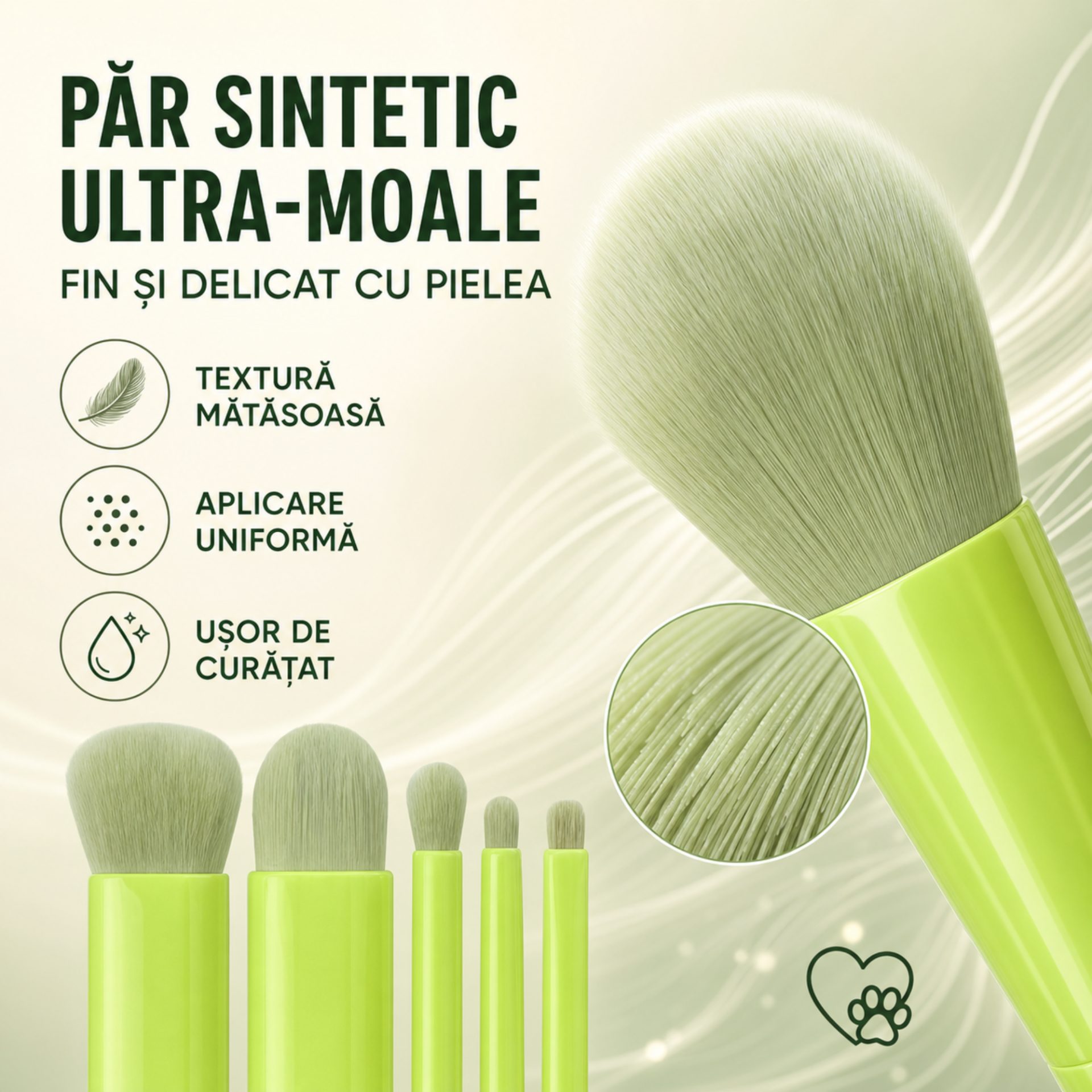 Set 5 mini pensule machiaj Flippy verde lime detaliu pensule