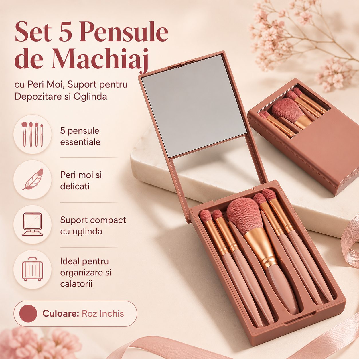 Pensule machiaj cu suport depozitare și oglindă