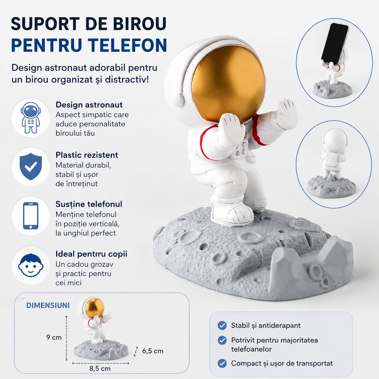 Suport pentru Telefon, , Suport de Birou pentru Telefon, Suport Telefon pentru Copii, Model Astronaut, Model 2, 9 x 8.5 x 6.5 cm, Plastic, Alb 3
