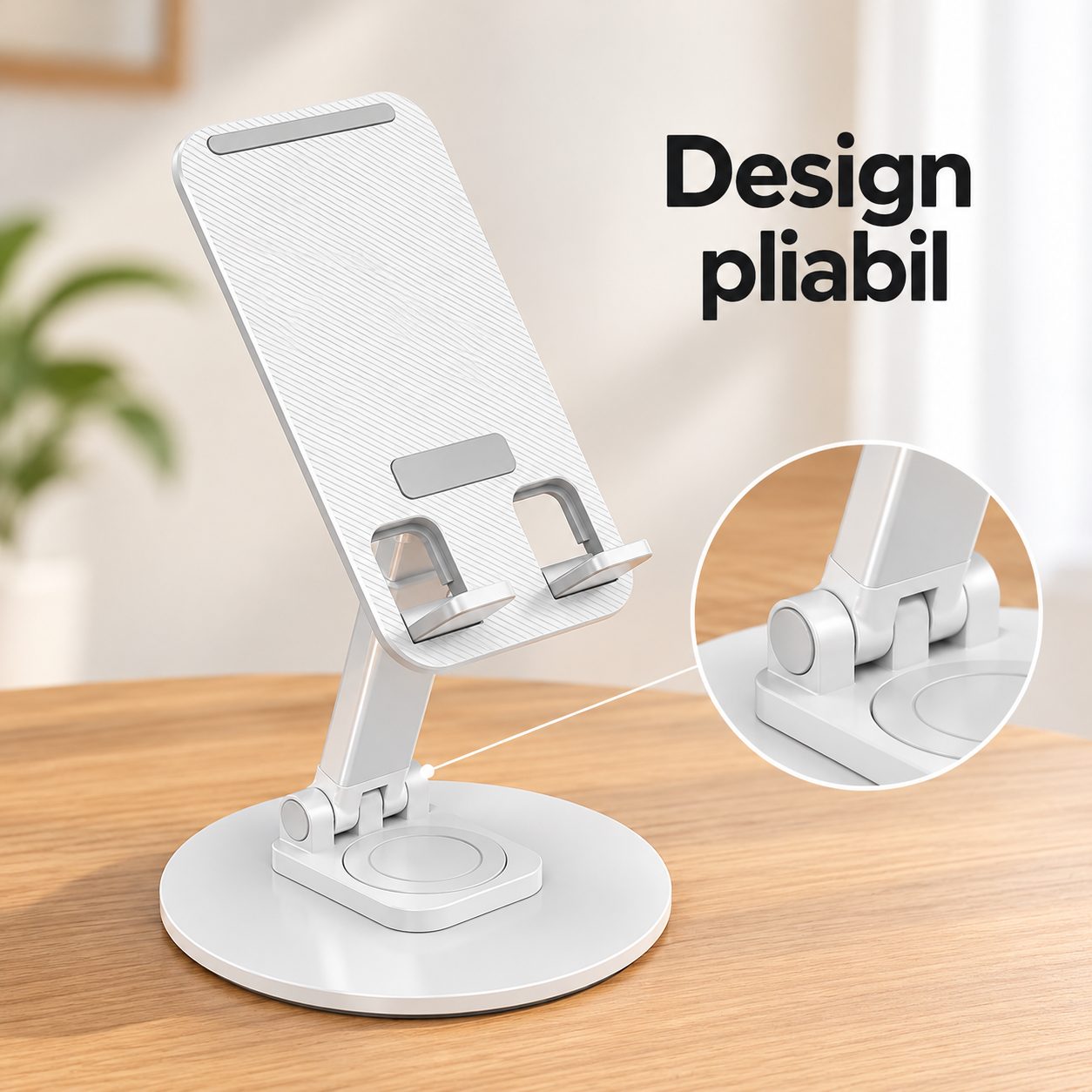 Suport de Birou pentru Telefon si Tableta, Flippy, Metal, Pliabil, Rotire 360°, Alb