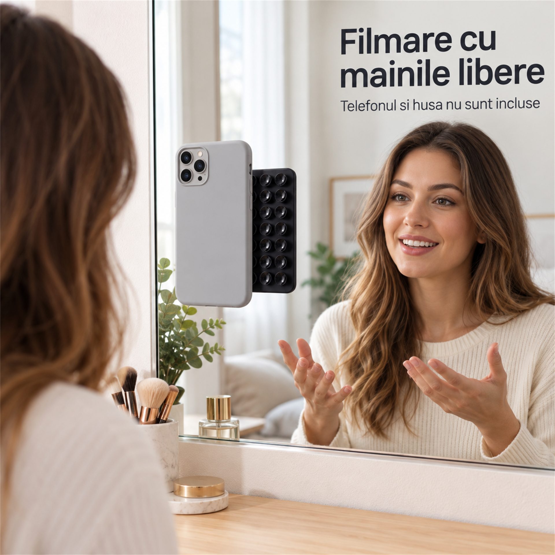 Detaliu al suportului Flippy pentru telefon, cu ventuze pe două fețe