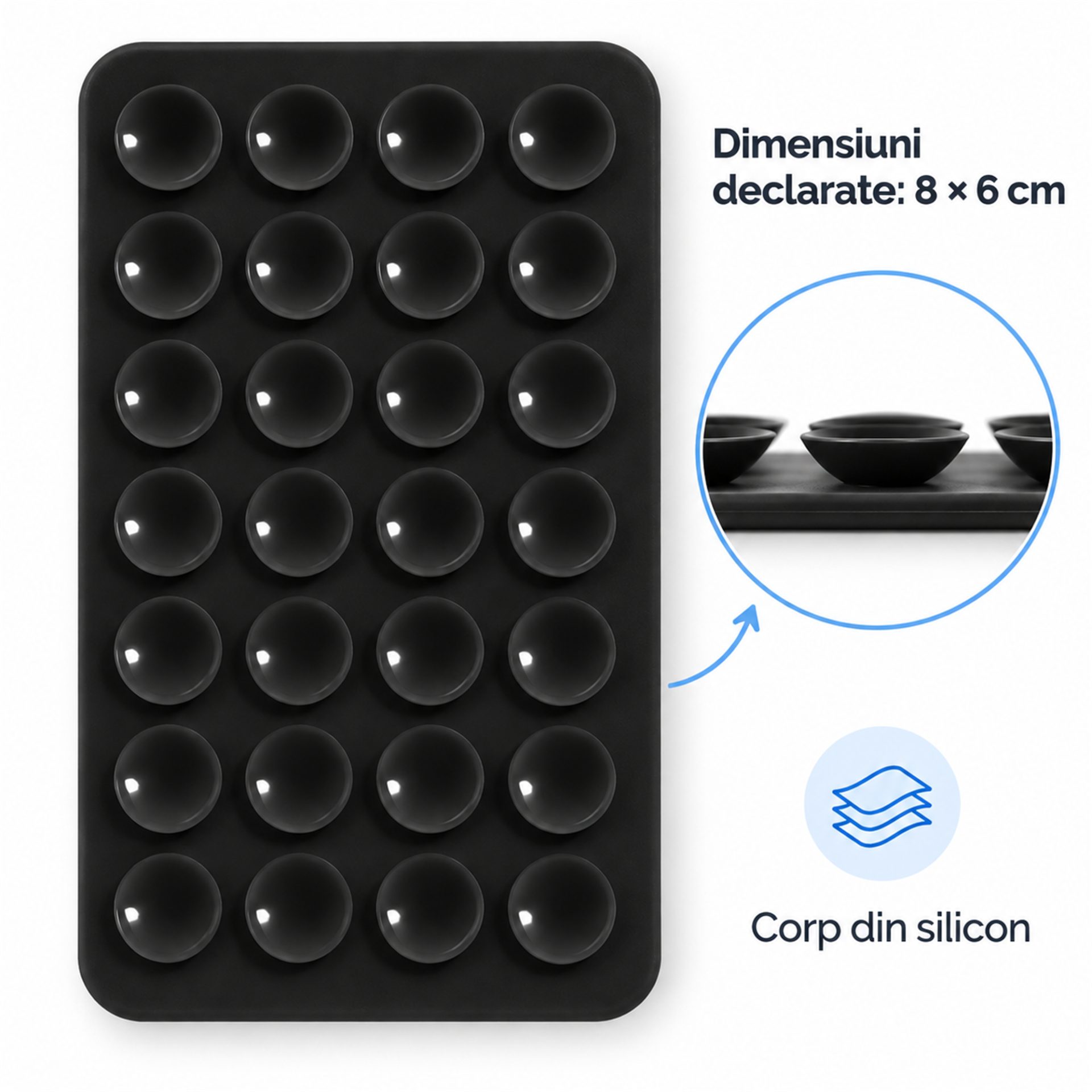 Detaliu suport Flippy pentru telefon, cu ventuze din silicon, negru