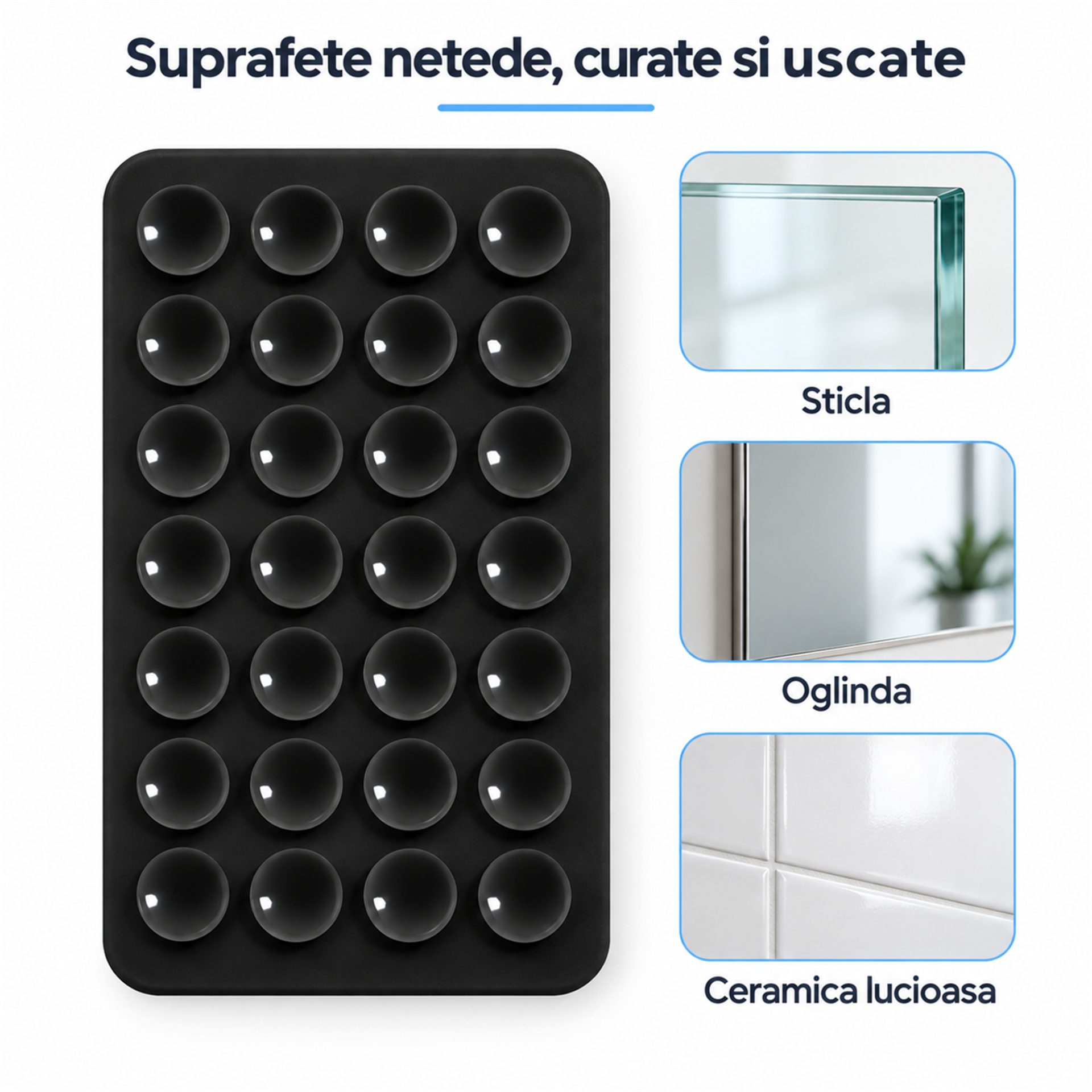 Suport Flippy din silicon negru, pentru telefon, cu ventuze pe ambele fețe