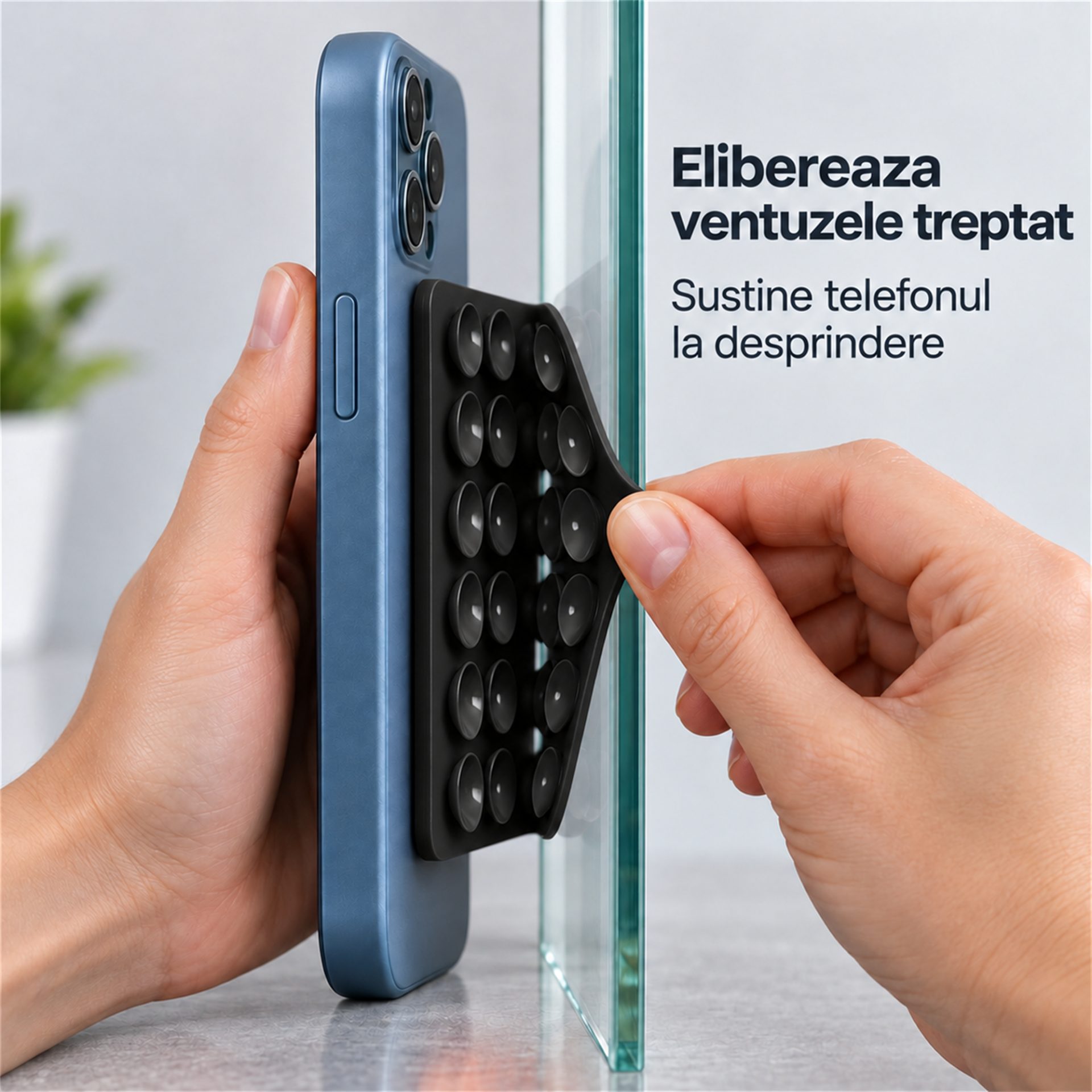 Suport pentru telefon Flippy, negru, din silicon, cu 28 de ventuze