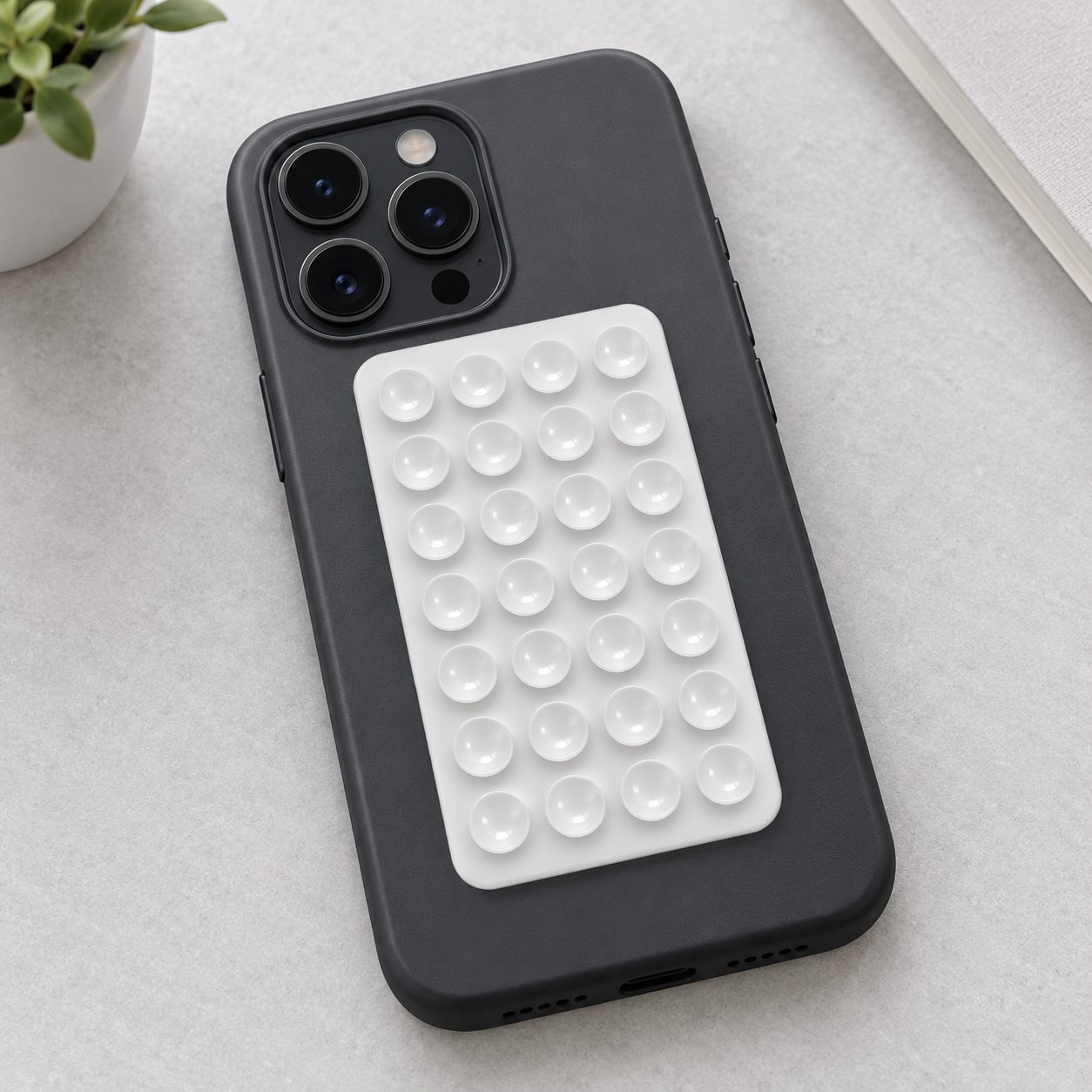Suport pentru Telefon, Flippy, cu Ventuze pe Ambele Fete, Varianta Ingrosata, Forma Dreptunghiulara, Silicon, 9 x 8 cm, Alb
