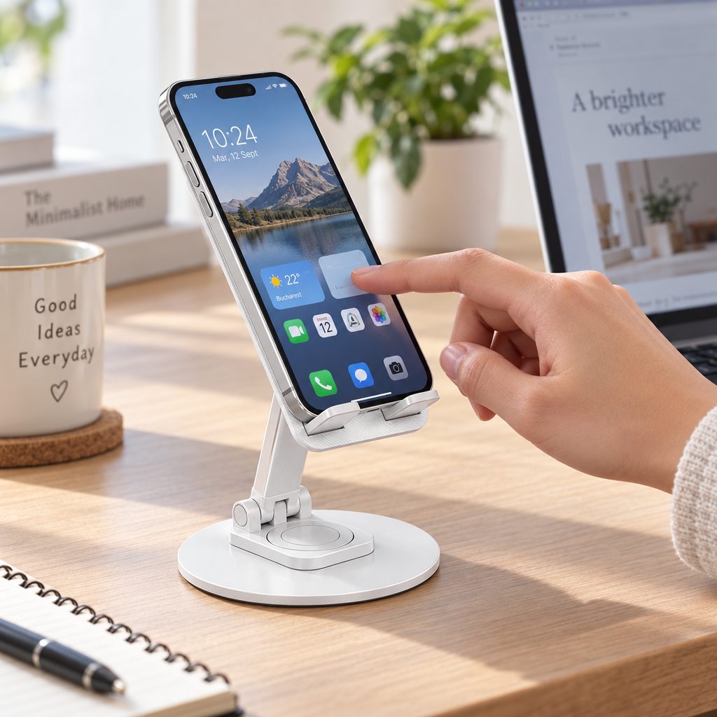 Suport de Birou pentru Telefon si Tableta, Flippy, Metal, Pliabil, Rotire 360°, Alb