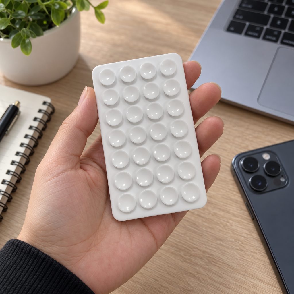 Suport pentru Telefon, Flippy, cu Ventuze pe Ambele Fete, Varianta Ingrosata, Forma Dreptunghiulara, Silicon, 9 x 8 cm, Alb