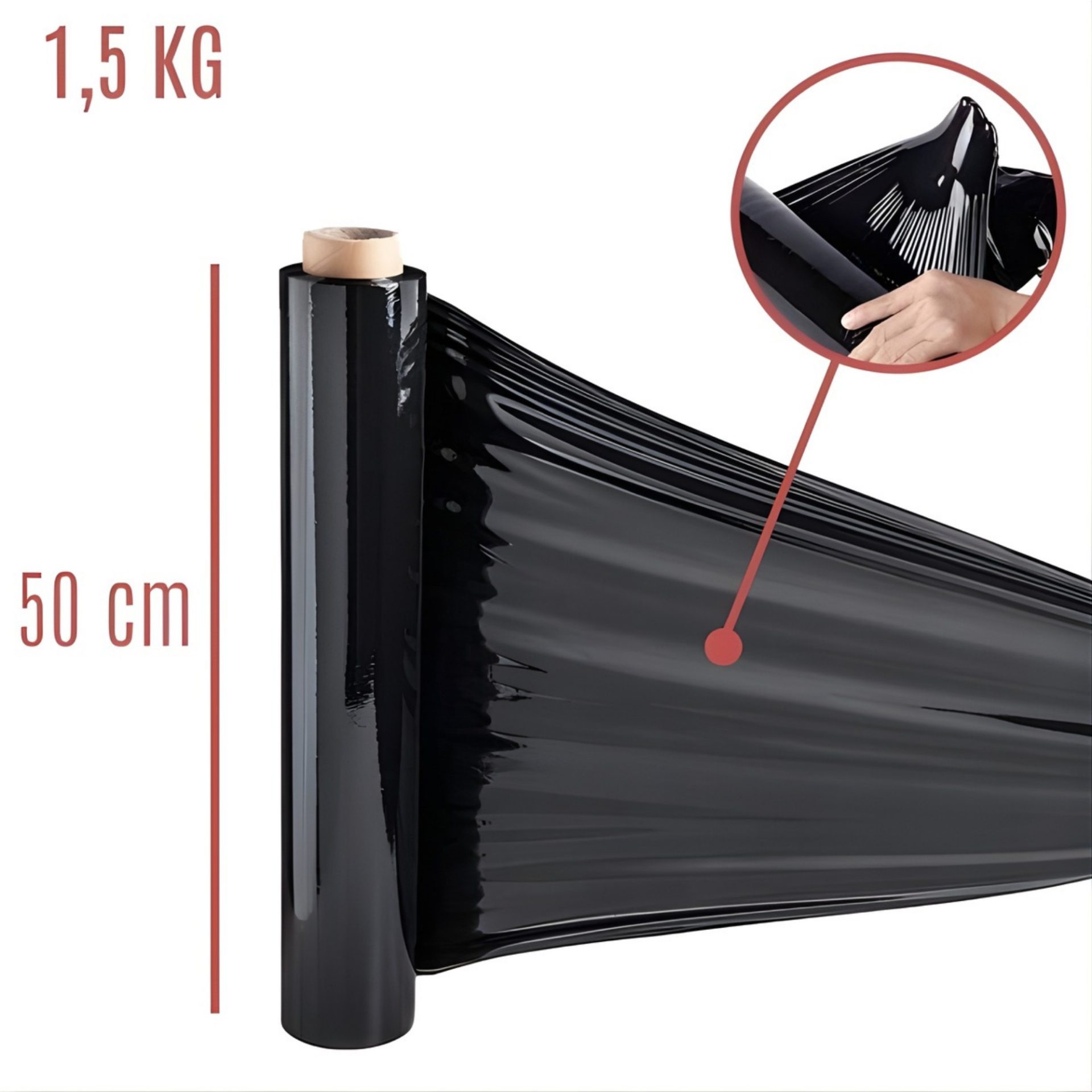Rola Folie Stretch Neagra pentru Ambalare Manuala, Protectie si Fixare Colete, Utilizare Depozit si Transport, Silentioasa, Rezistenta la Intindere, 1.5 kg pe Rola, Tub 300 g, Negru 5