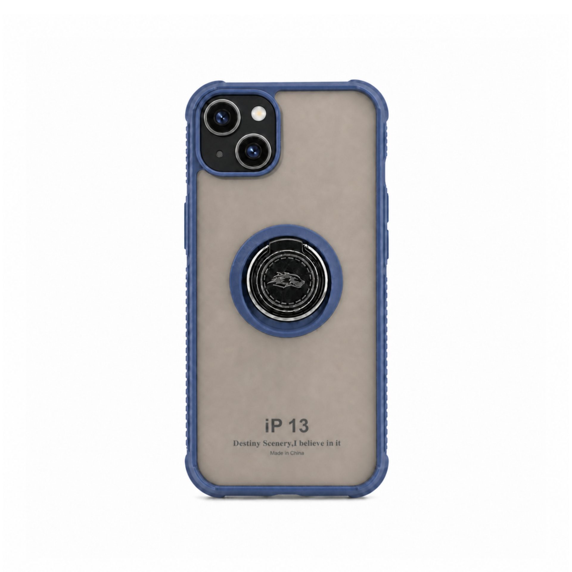 Husa protectie Apple iPhone 13, Metal Bracket, antisoc, inel sustinere, prindere magnetica, margini albastre