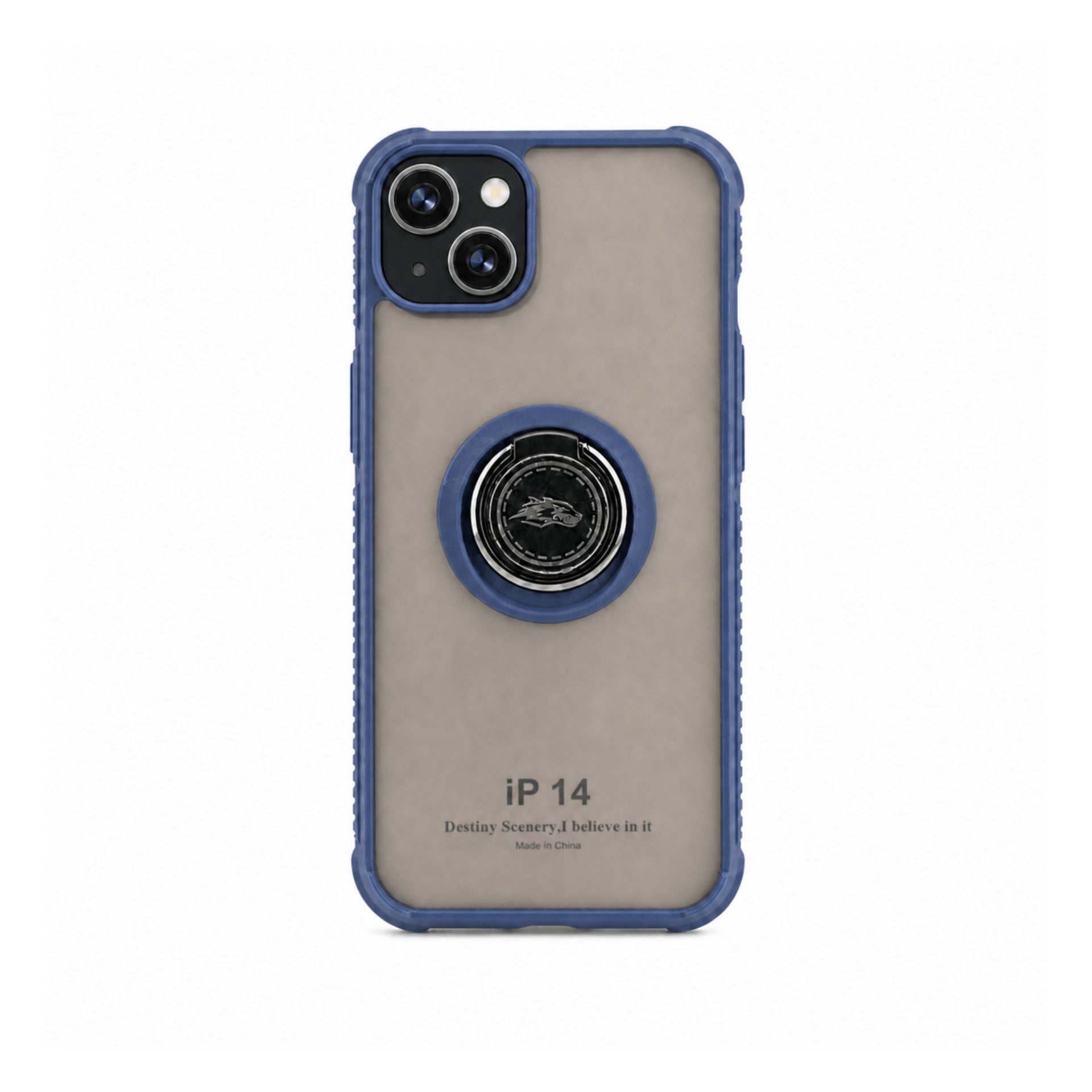 Husa protectie Apple iPhone 14, Metal Bracket, antisoc, inel sustinere, prindere magnetica, margini albastre 1