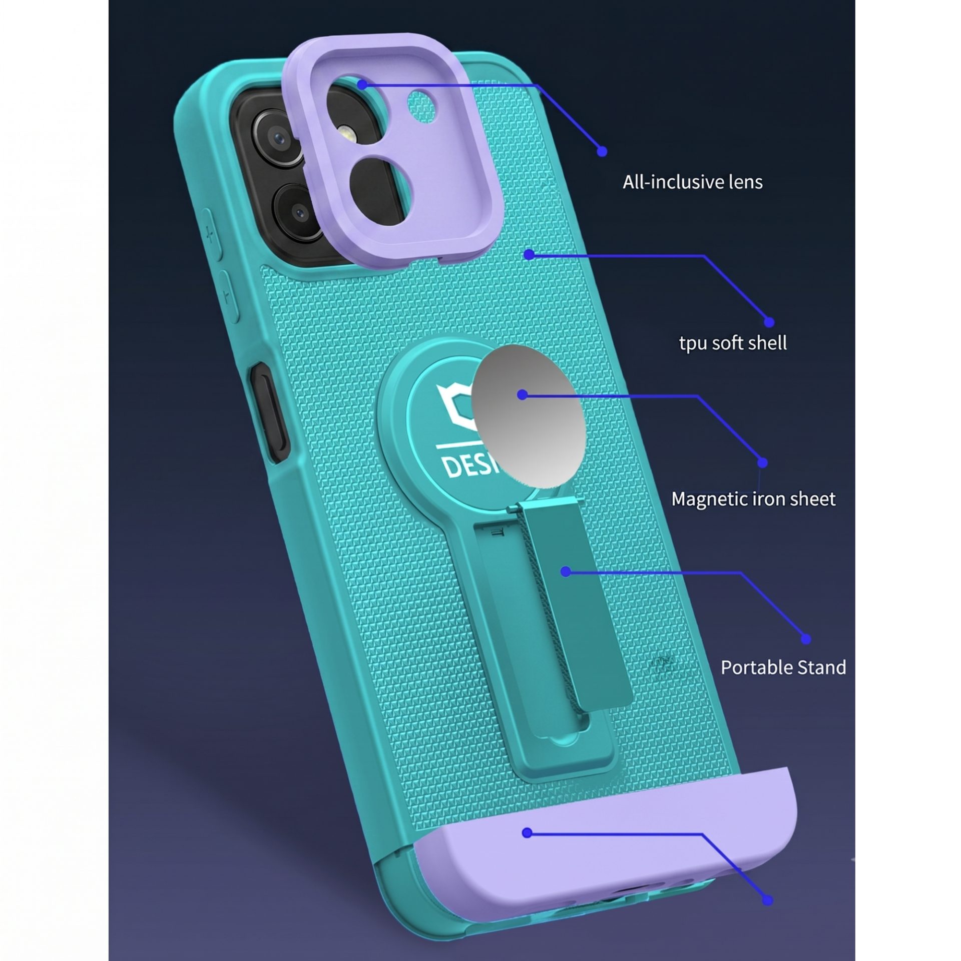 Husa Armor Design cu Stand pentru Samsung Galaxy A03, Blue/Mov, Suport Auto Magnetic, Wireless Charge, Protectie Antisoc, Flippy