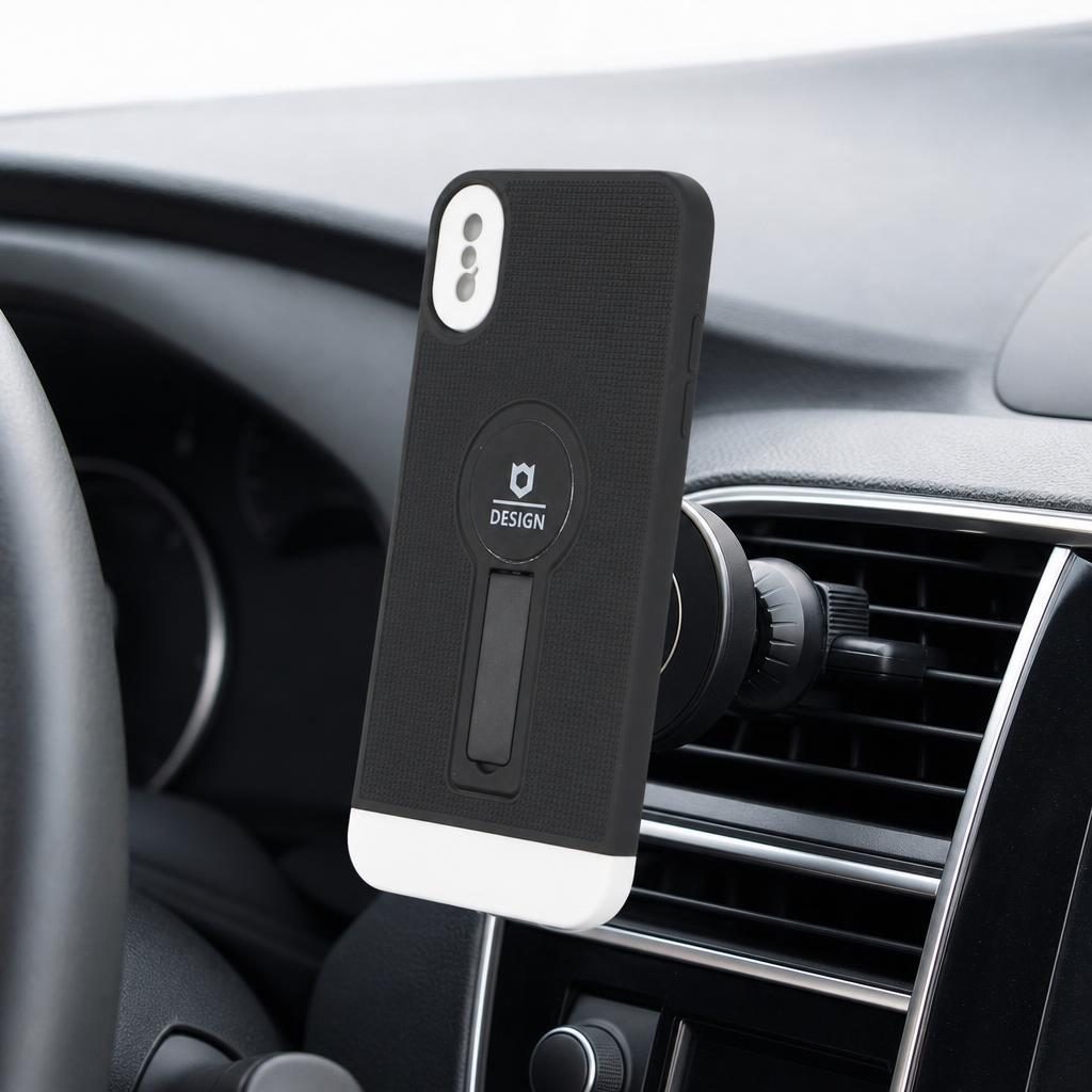 Husa Armor Design cu Stand pentru Apple iPhone X/XS Max, Negru/Alb, Suport Auto Magnetic, Wireless Charge, Protectie Antisoc, Flippy