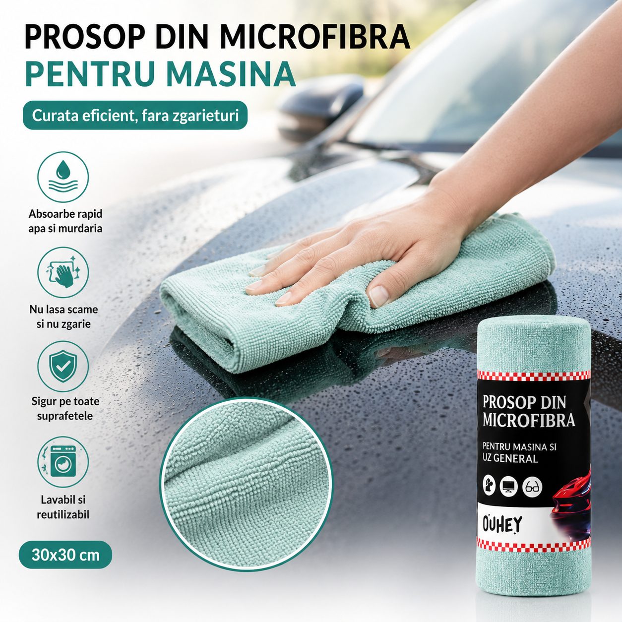 Set 30 Lavete din Microfibra, , pentru Curatare Auto si Suprafete, Absorbante si Reutilizabile, 30 x 30 cm, Turcoaz 4