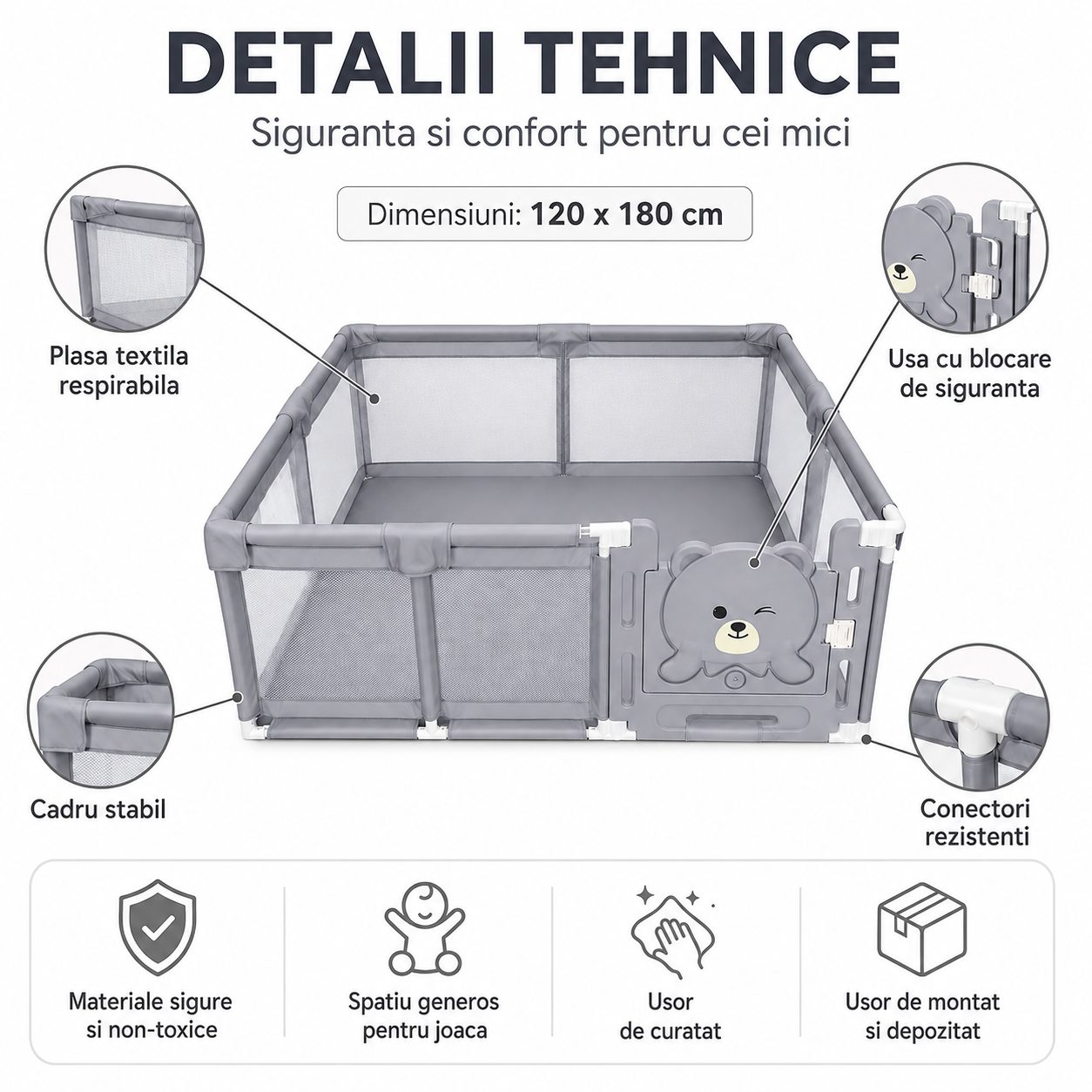 Tarc de Joaca si Siguranta pentru Copii DNT-147, , Dimensiuni 120 x 180 cm, Structura de Protectie pentru Interior, Gri 3