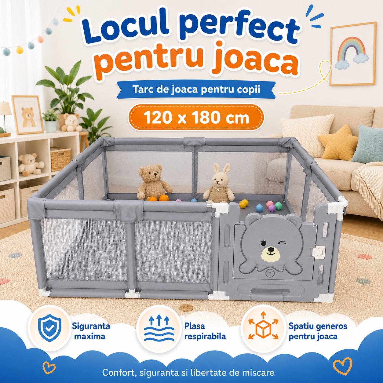 Tarc de Joaca si Siguranta pentru Copii DNT-147, , Dimensiuni 120 x 180 cm, Structura de Protectie pentru Interior, Gri 4
