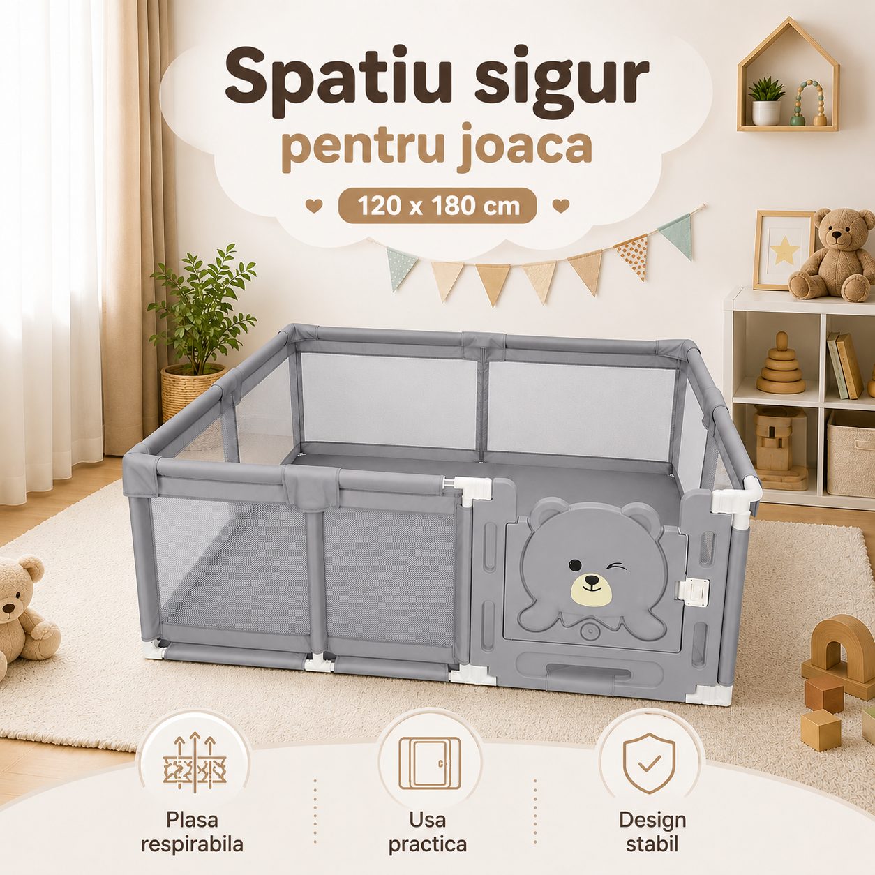 Tarc de Joaca si Siguranta pentru Copii DNT-147, , Dimensiuni 120 x 180 cm, Structura de Protectie pentru Interior, Gri 5
