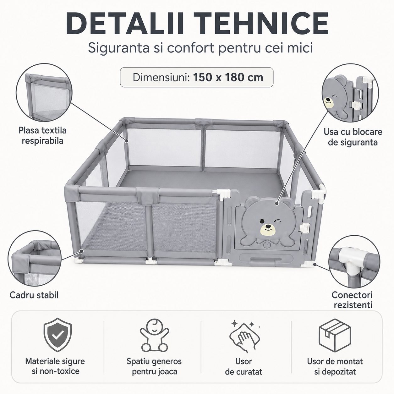Tarc de Joaca si Siguranta pentru Copii DNT-147, , Dimensiuni 150 x 180 cm, Structura de Protectie pentru Interior, Gri 5