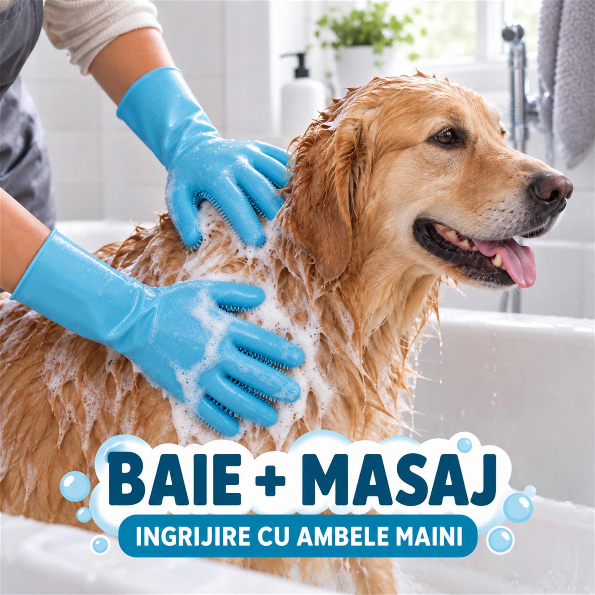 Set 2 Manusi pentru Ingrijirea Animalelor, Flippy, Periaj, Masaj si Baie, Peri din Silicon, pentru Caini si Pisici, Albastru