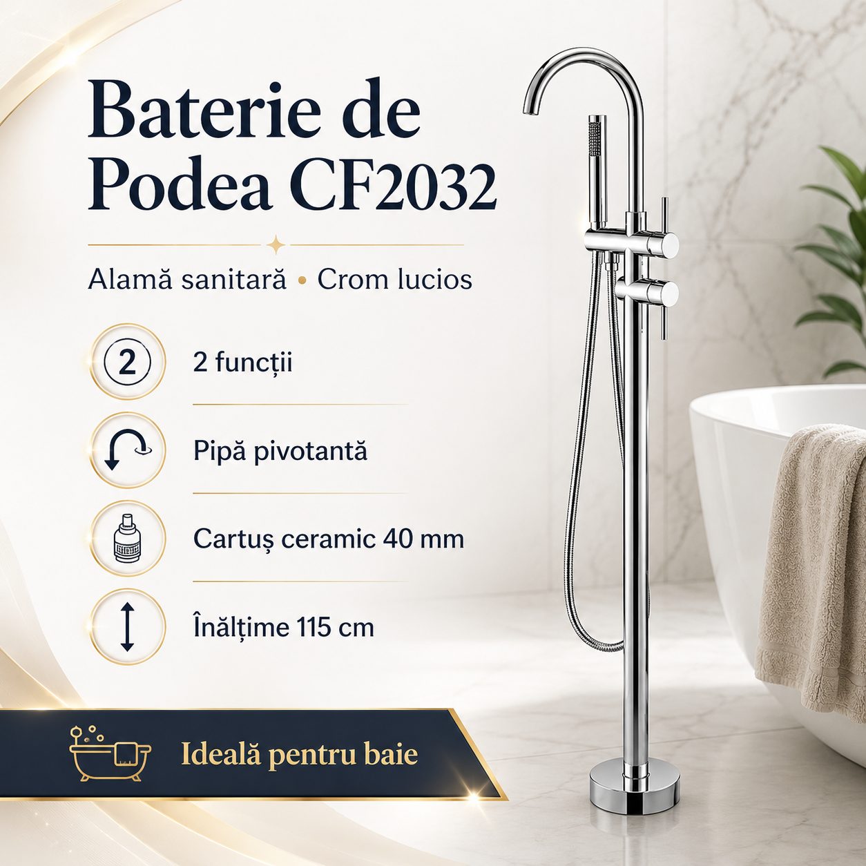 Baterie de Podea cu Cadru Rotund, , CF2032, Alama Sanitara, Pipa 18 cm, Inaltime 115 cm, Para de Dus, Crom 5