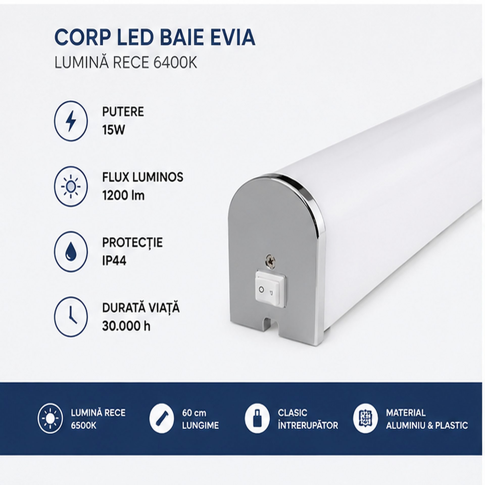 Corp LED Baie Evia 15W 6400K 60cm IP44 Alb