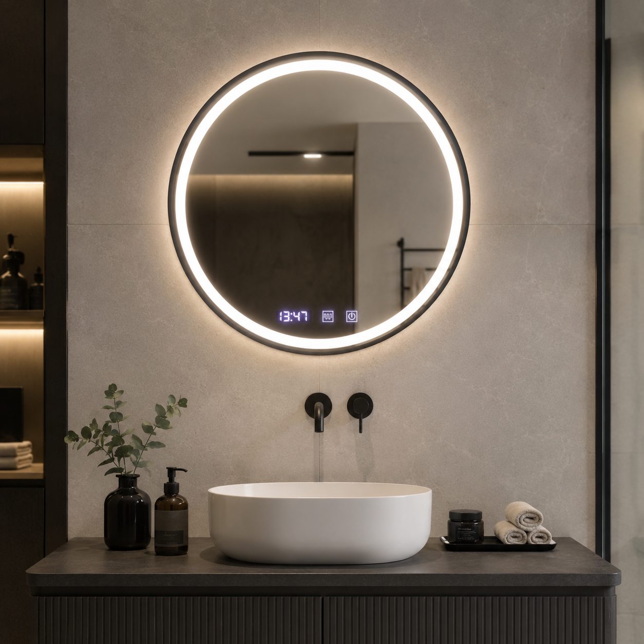 Oglinda LED Touch NOVARA Sistem Dezaburire, Ceas si Temperatura 90 cm Rama Negru Brushed