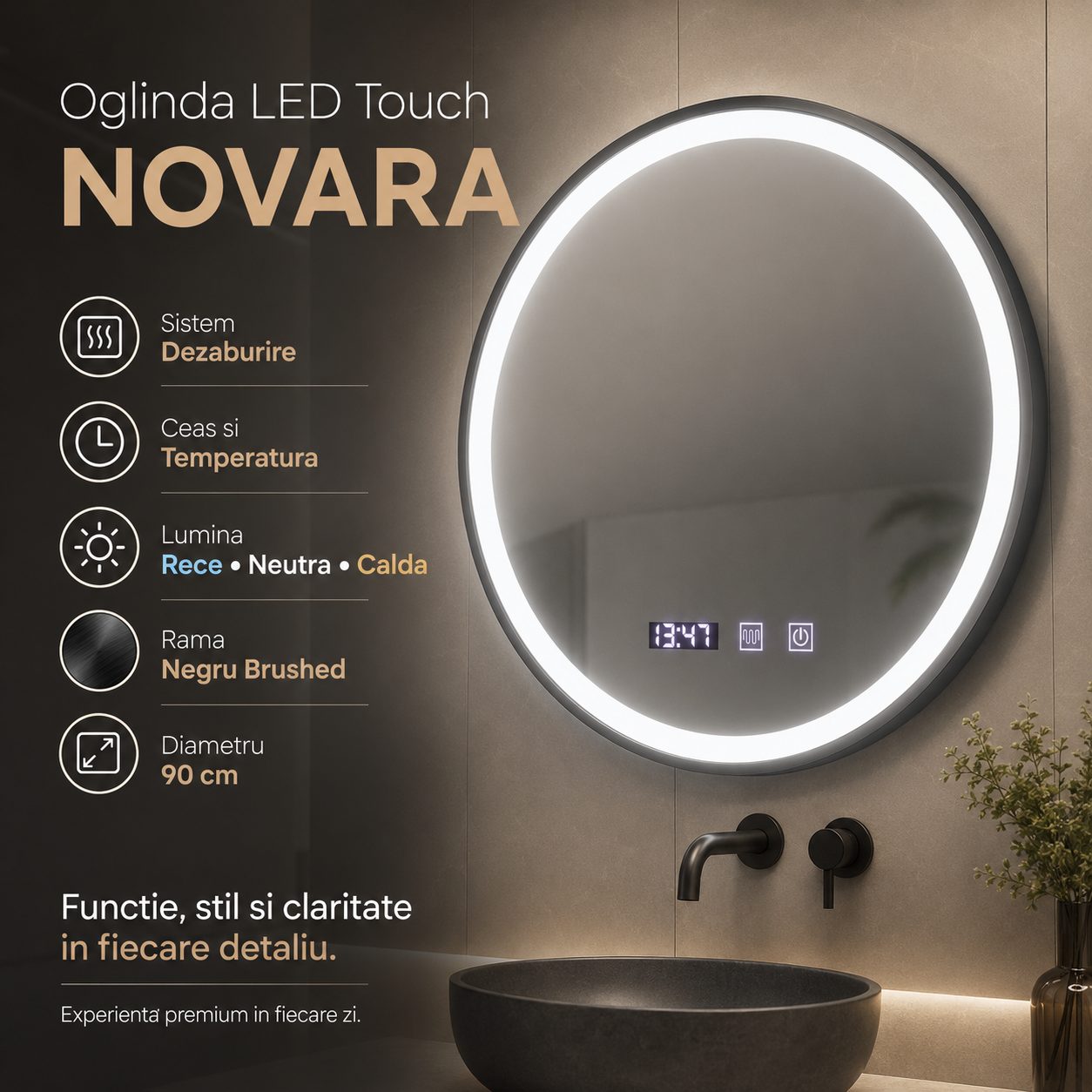 Oglinda LED Touch NOVARA Sistem Dezaburire, Ceas si Temperatura 90 cm Rama Negru Brushed