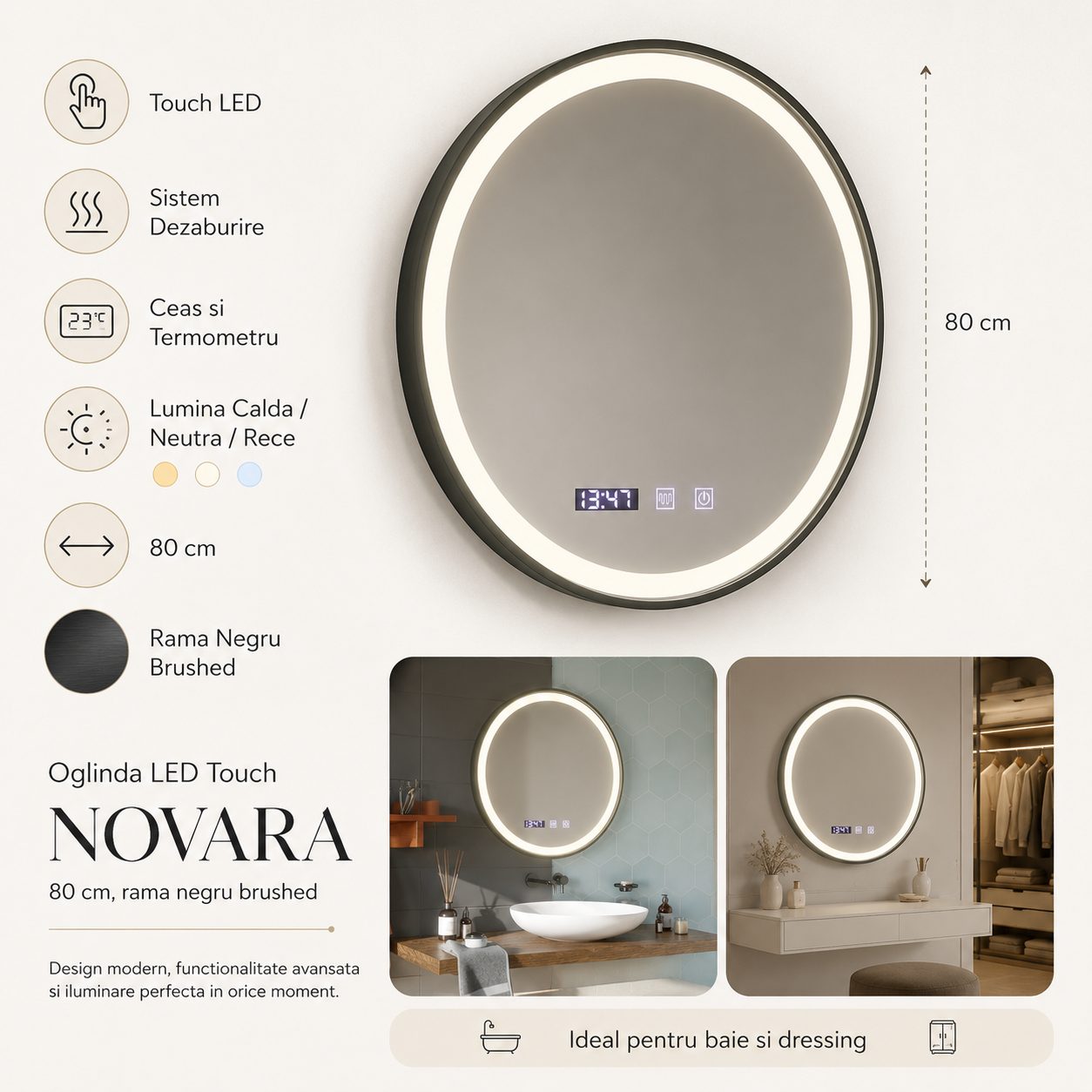 Oglinda LED NOVARA, Flippy, Touch, Sistem Dezaburire, Ceas si Temperatura, Diametru 80 cm, Rama Negru Brushed