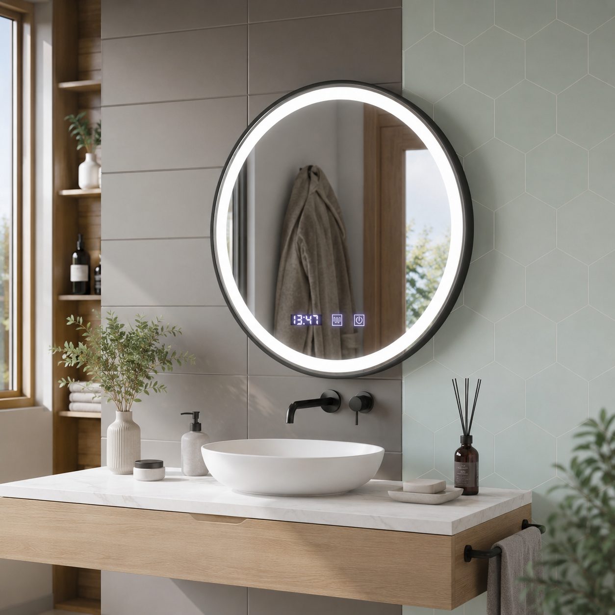 Oglinda LED NOVARA, Flippy, Touch, Sistem Dezaburire, Ceas si Temperatura, Diametru 80 cm, Rama Negru Brushed