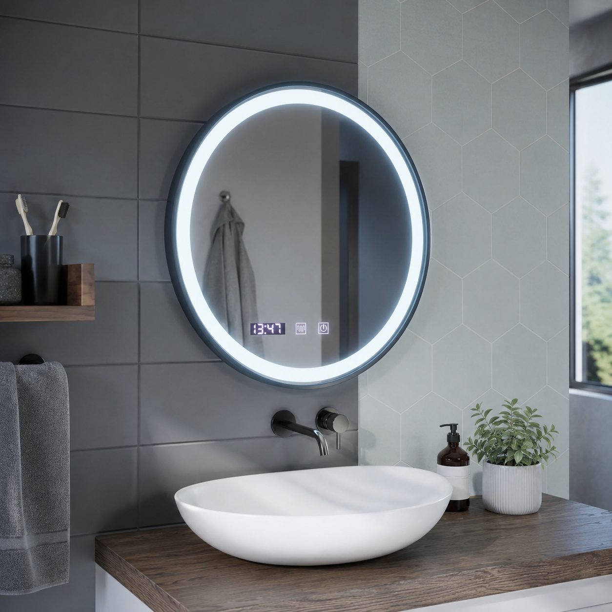 Oglinda LED NOVARA, Flippy, Touch, Sistem Dezaburire, Ceas si Temperatura, Diametru 80 cm, Rama Negru Brushed