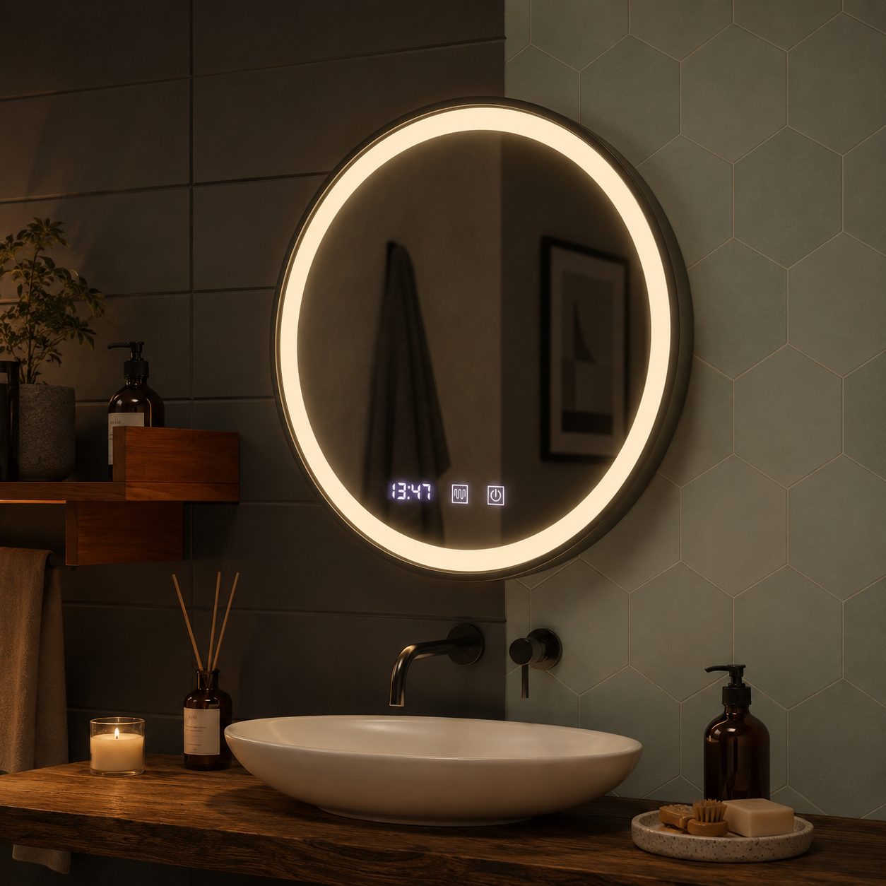 Oglinda LED NOVARA, Flippy, Touch, Sistem Dezaburire, Ceas si Temperatura, Diametru 80 cm, Rama Negru Brushed