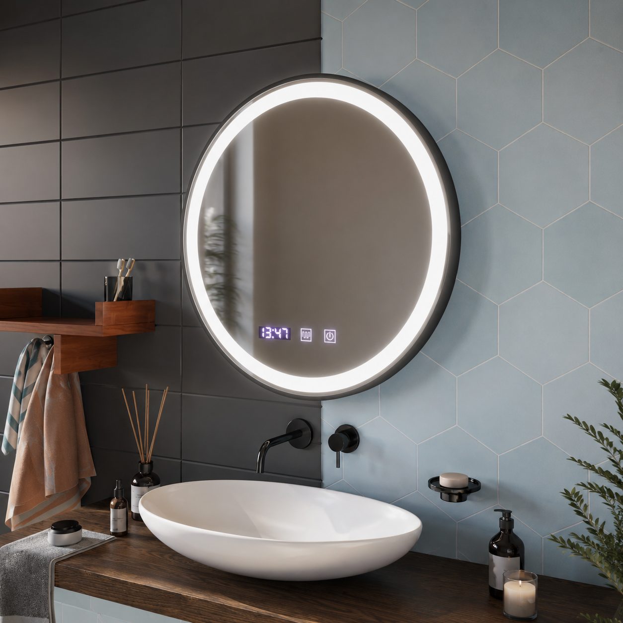 Oglinda LED Touch NOVARA Sistem Dezaburire, Ceas si Temperatura 70 cm Rama Negru Brushed