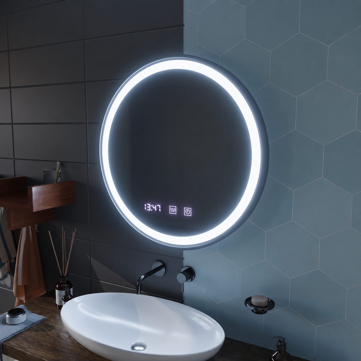 Oglinda LED Touch NOVARA Sistem Dezaburire, Ceas si Temperatura 70 cm Rama Negru Brushed 5