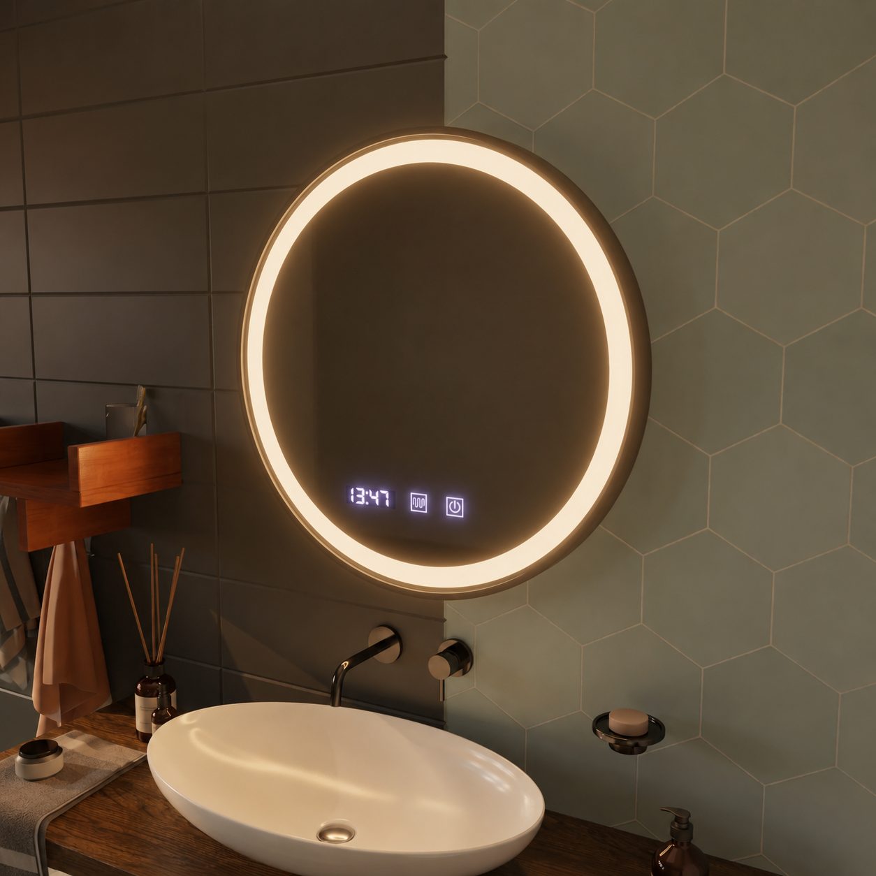 Oglinda LED Touch NOVARA Sistem Dezaburire, Ceas si Temperatura 70 cm Rama Negru Brushed